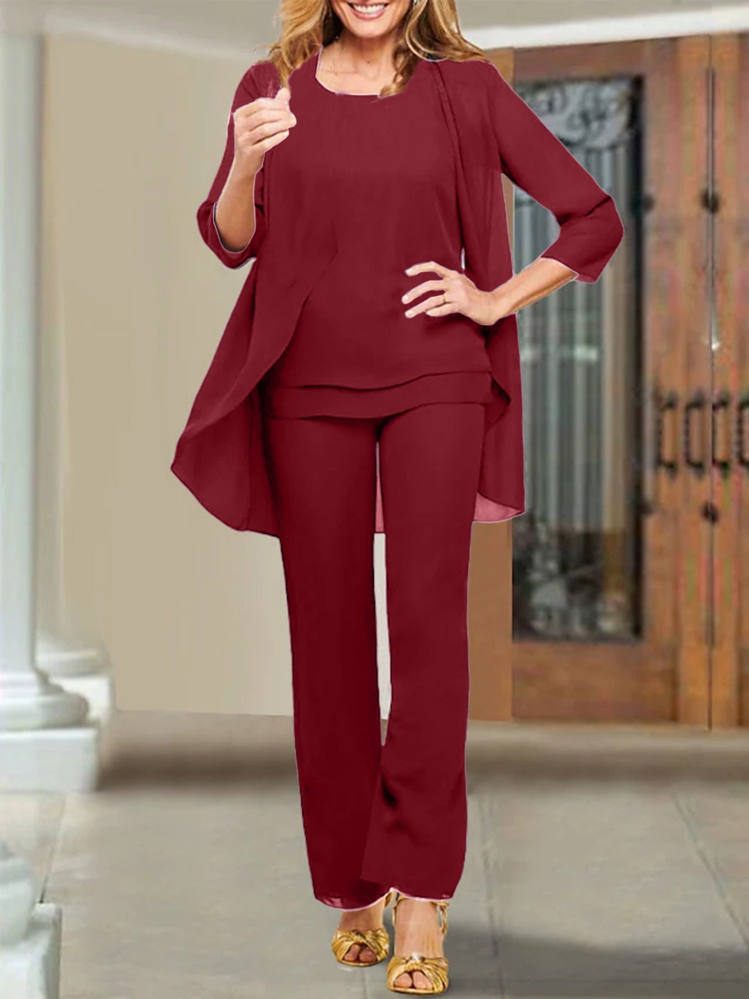 Trajes de pantalón para madre de la novia con escote redondo de gasa