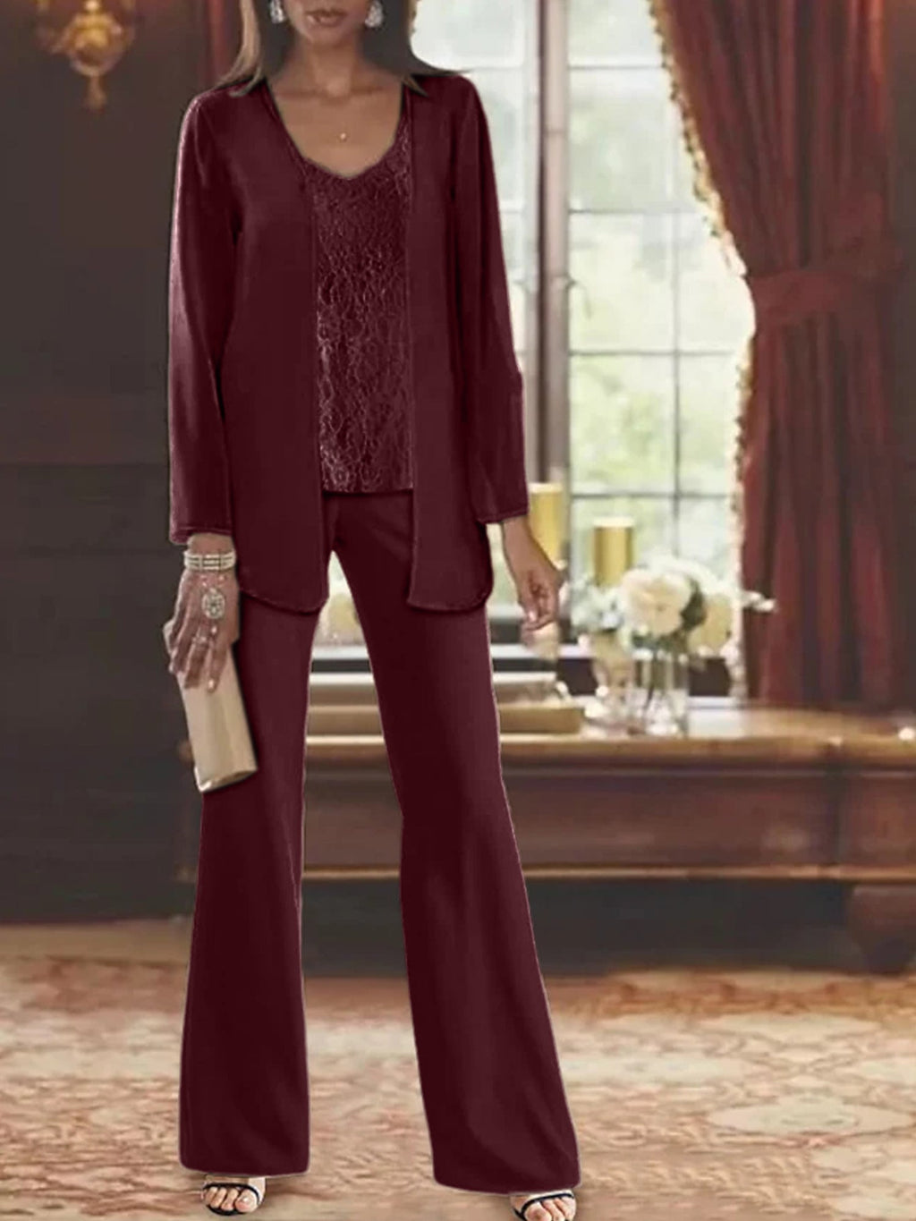 Trajes de pantalón de gasa con chaqueta para madre de la novia