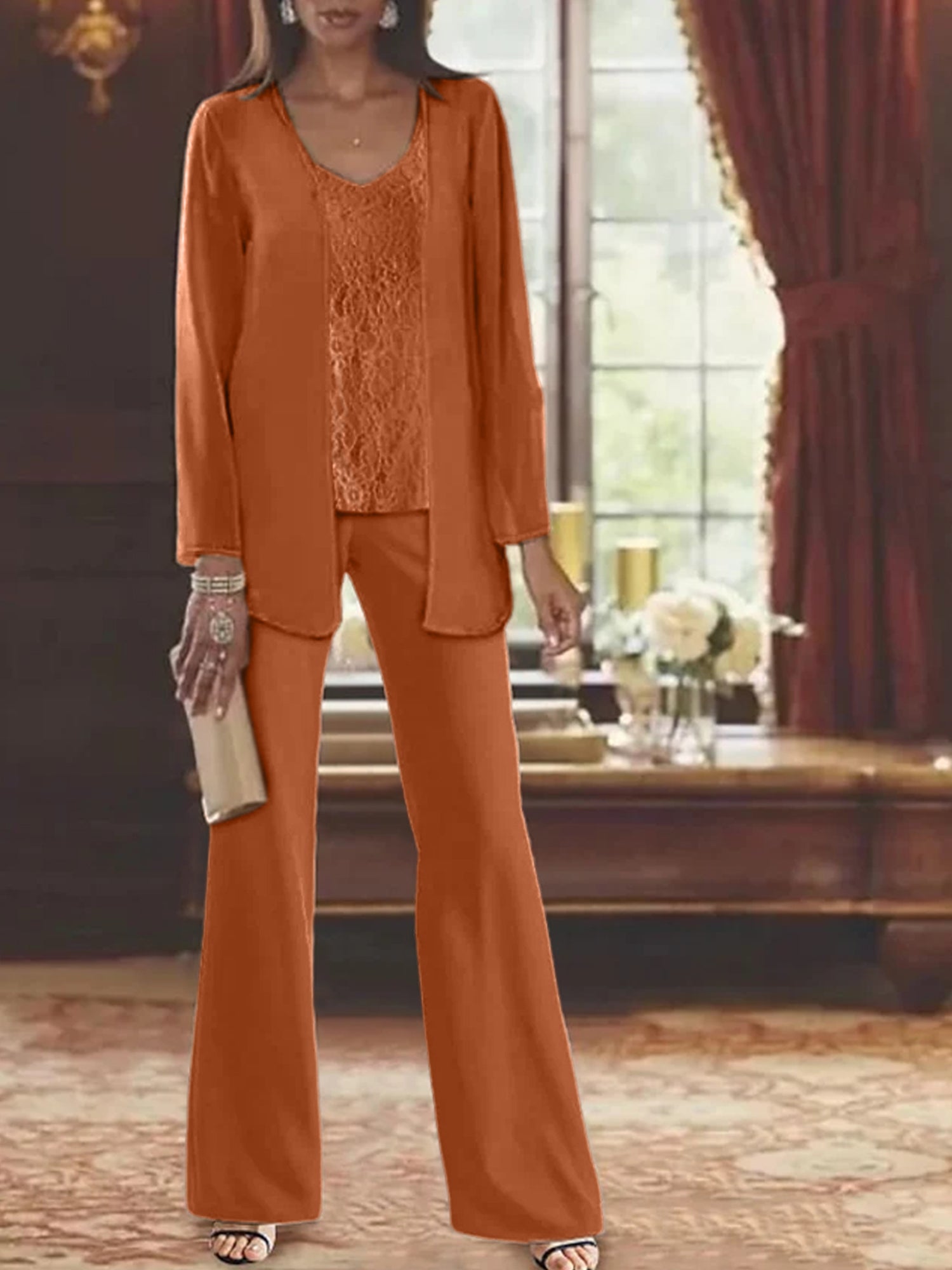 Trajes de pantalón de gasa con chaqueta para madre de la novia