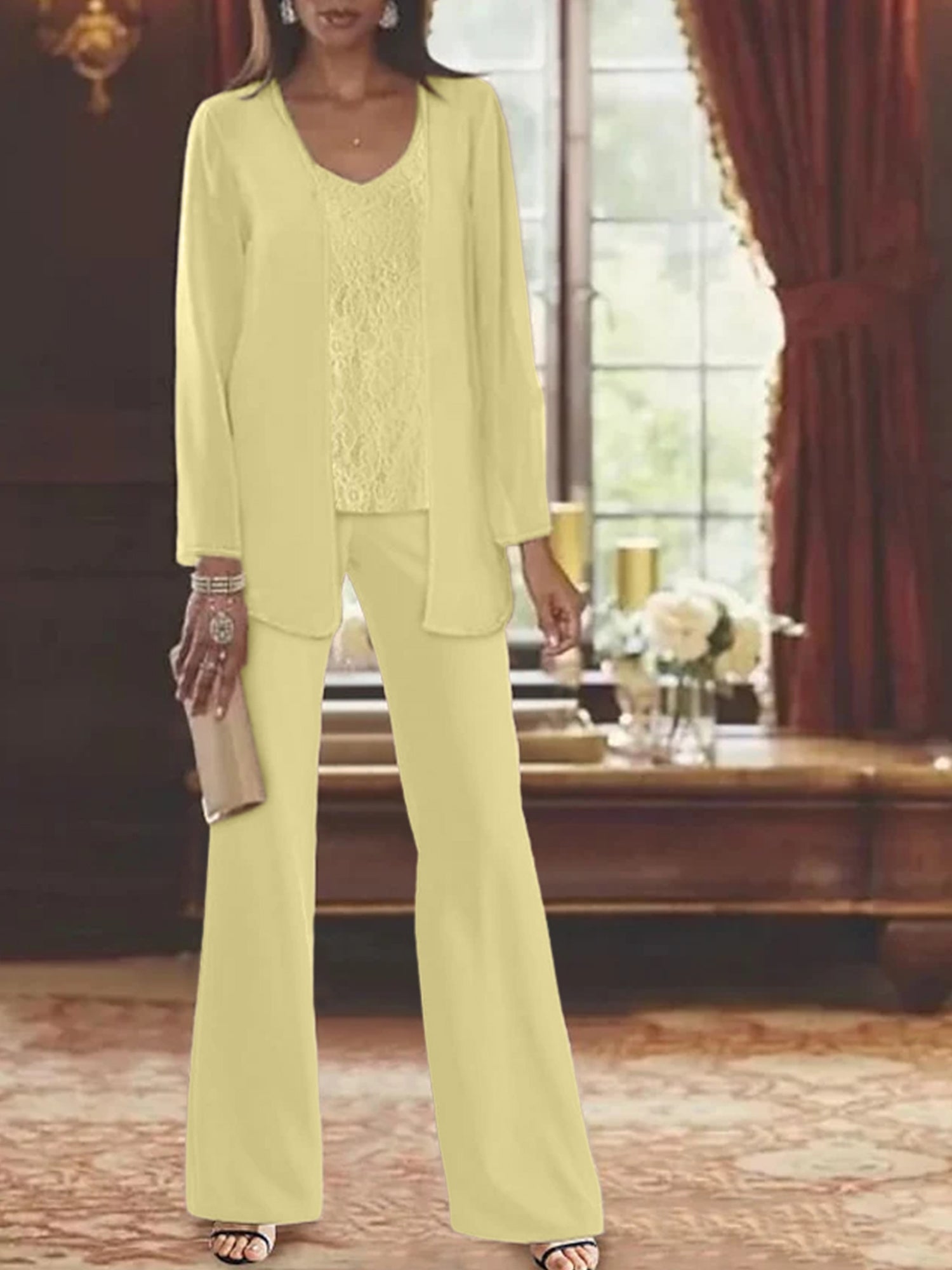 Trajes de pantalón de gasa con chaqueta para madre de la novia