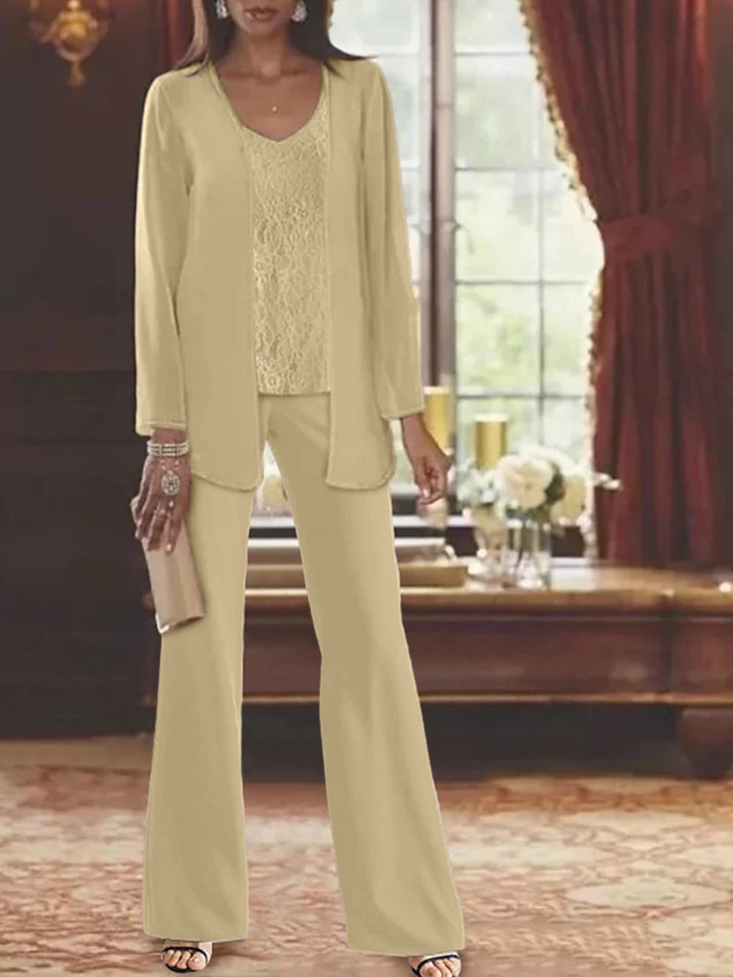 Trajes de pantalón de gasa con chaqueta para madre de la novia