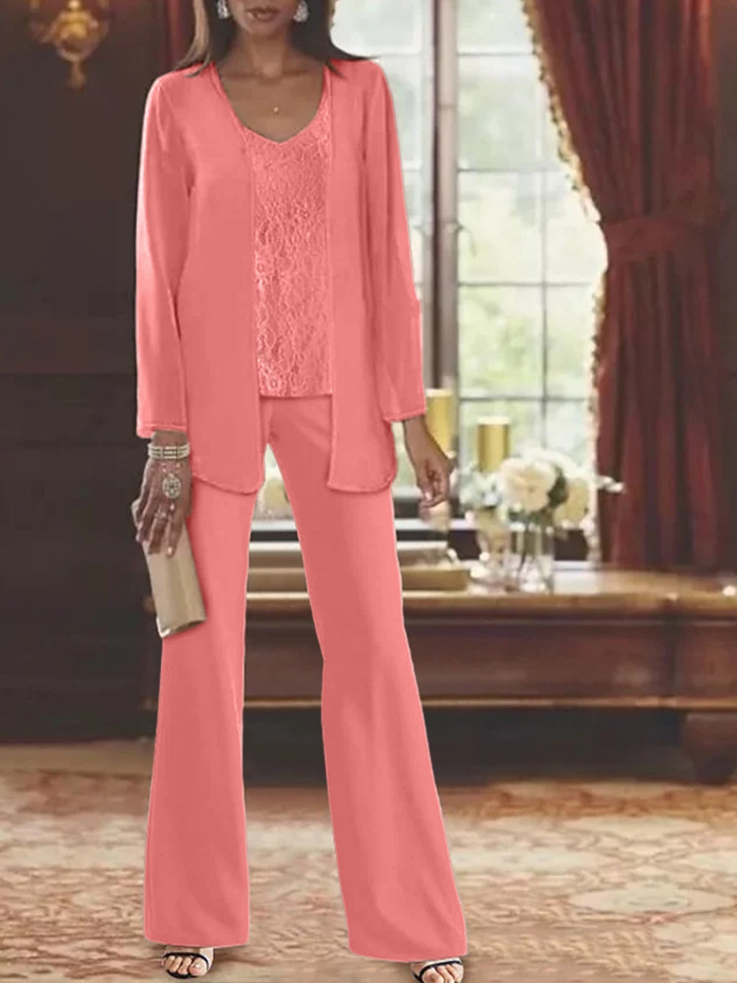 Trajes de pantalón de gasa con chaqueta para madre de la novia