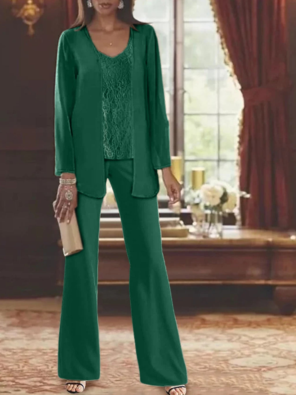 Trajes de pantalón de gasa con chaqueta para madre de la novia