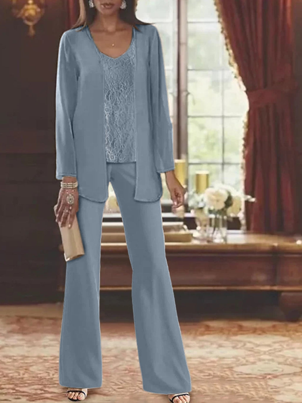 Trajes de pantalón de gasa con chaqueta para madre de la novia