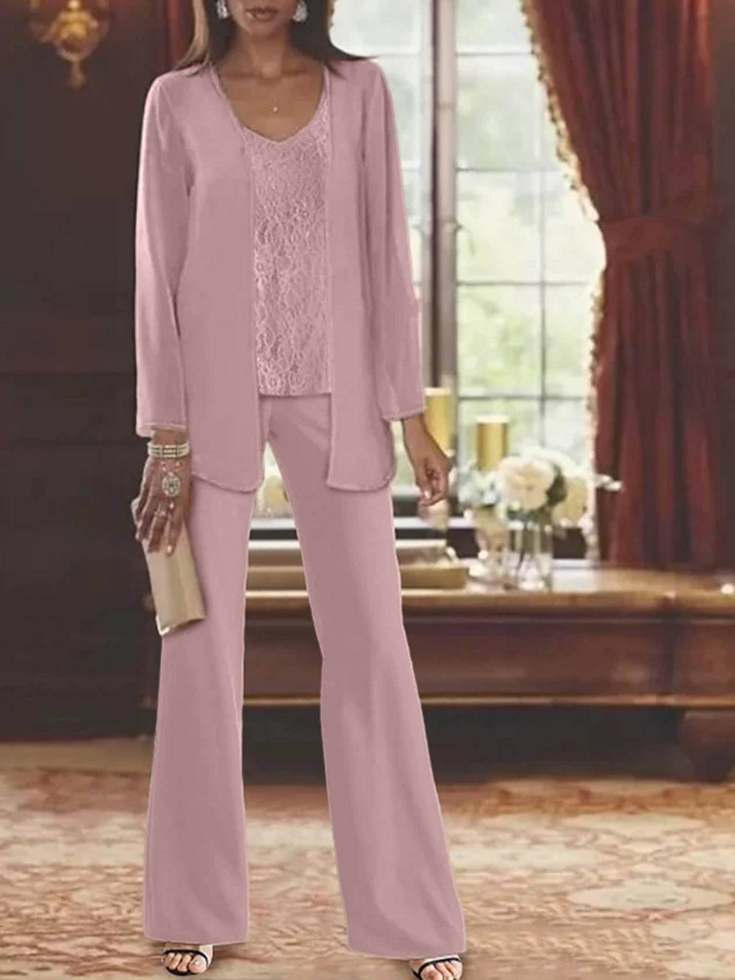Trajes de pantalón de gasa con chaqueta para madre de la novia