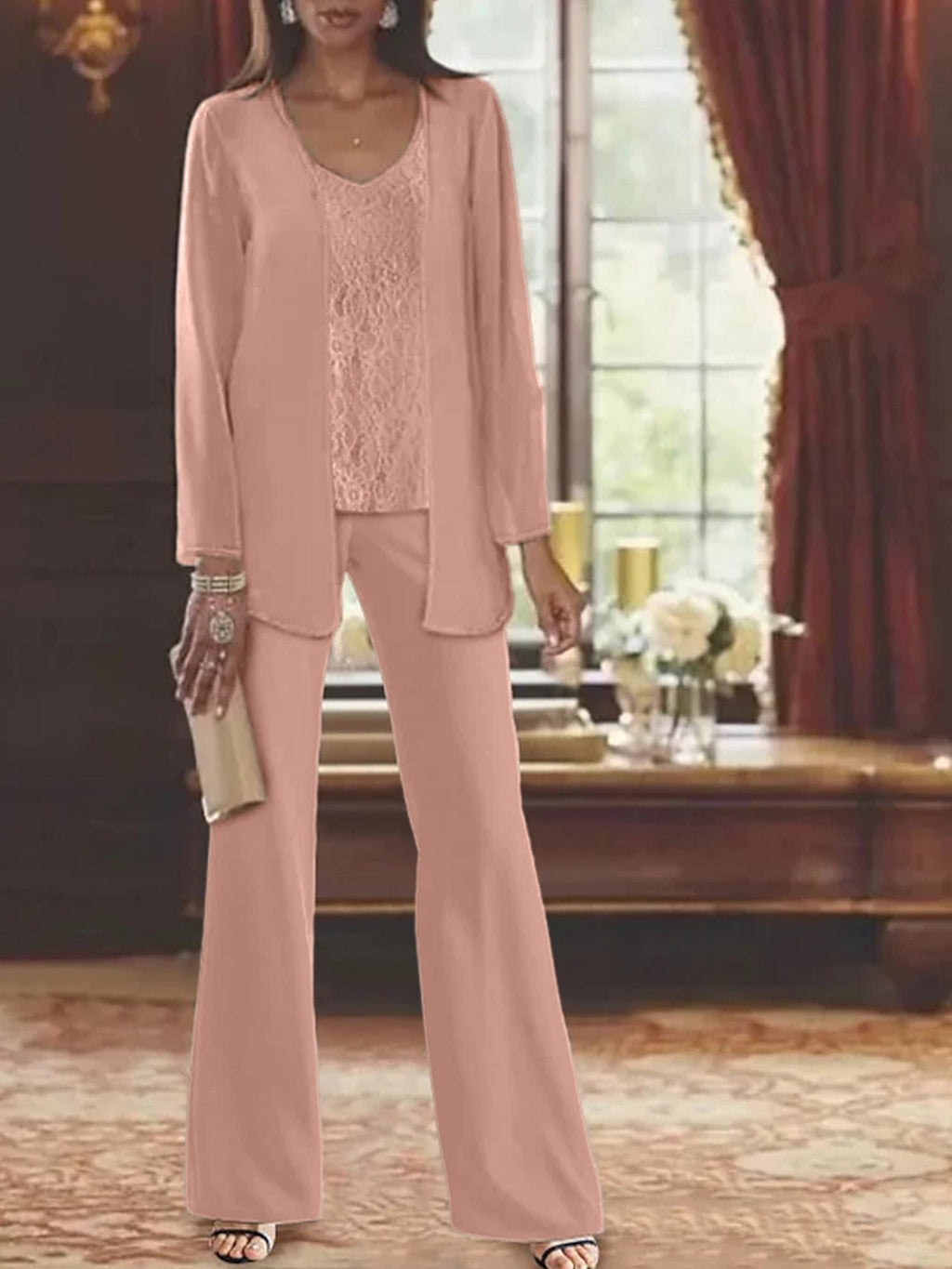 Trajes de pantalón de gasa con chaqueta para madre de la novia