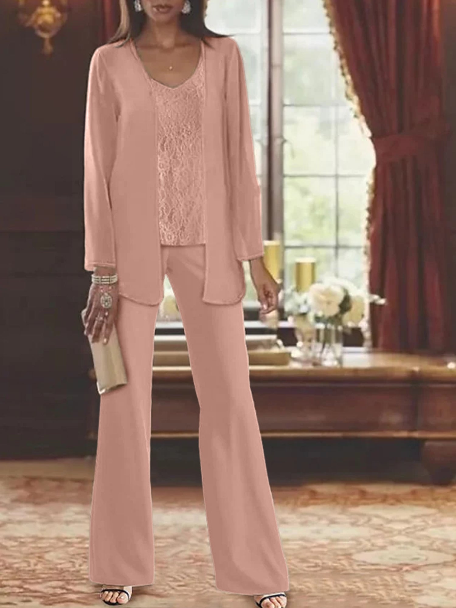 Trajes de pantalón de gasa con chaqueta para madre de la novia