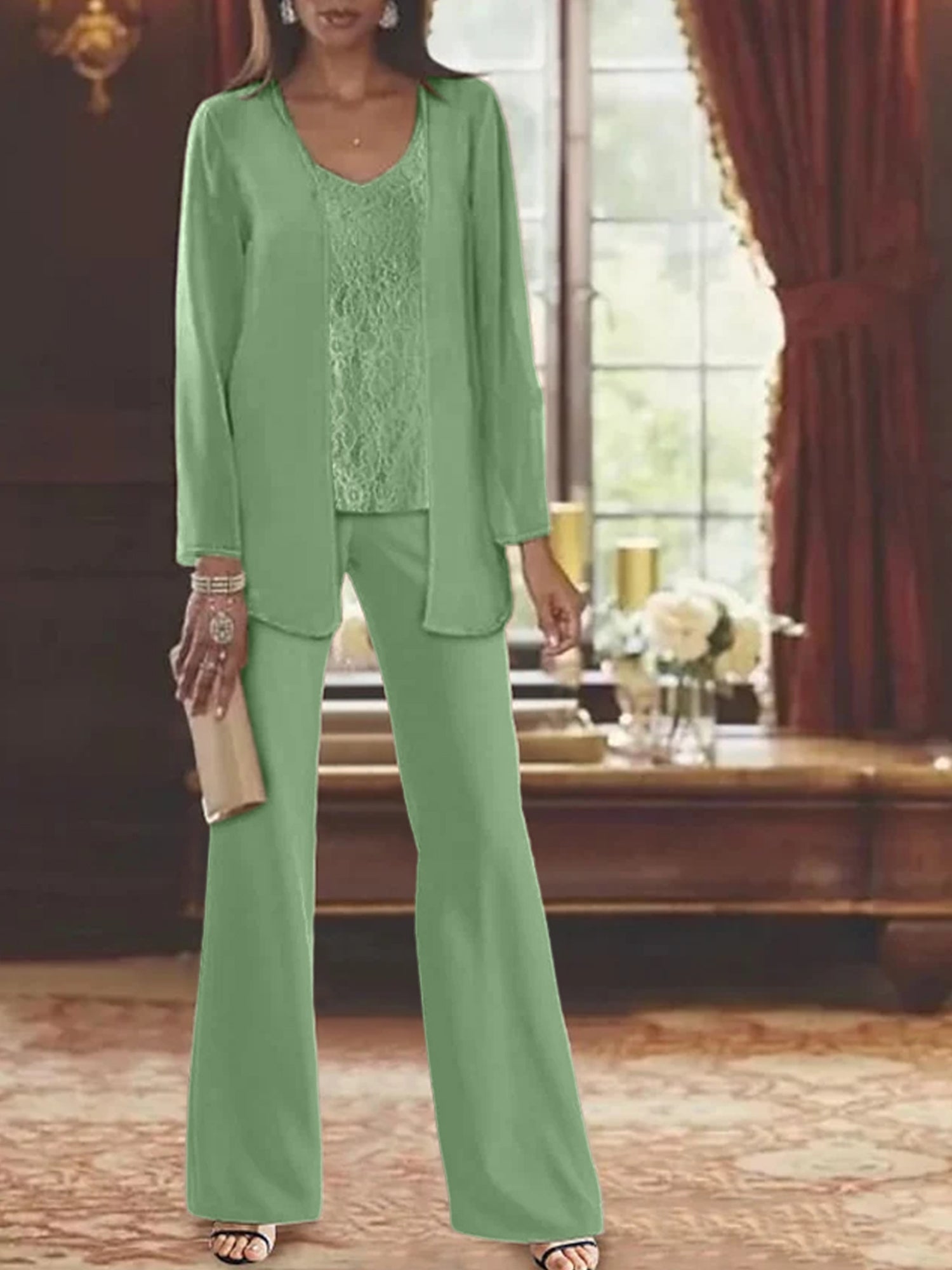 Trajes de pantalón de gasa con chaqueta para madre de la novia