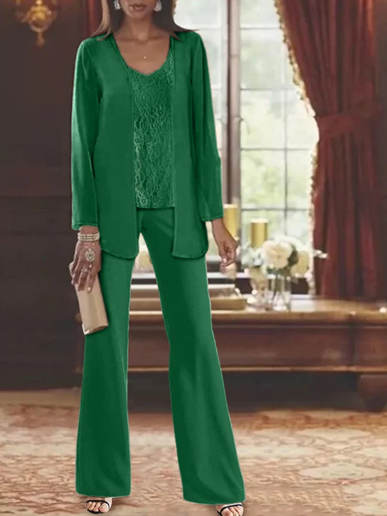 Trajes de pantalón de gasa con chaqueta para madre de la novia