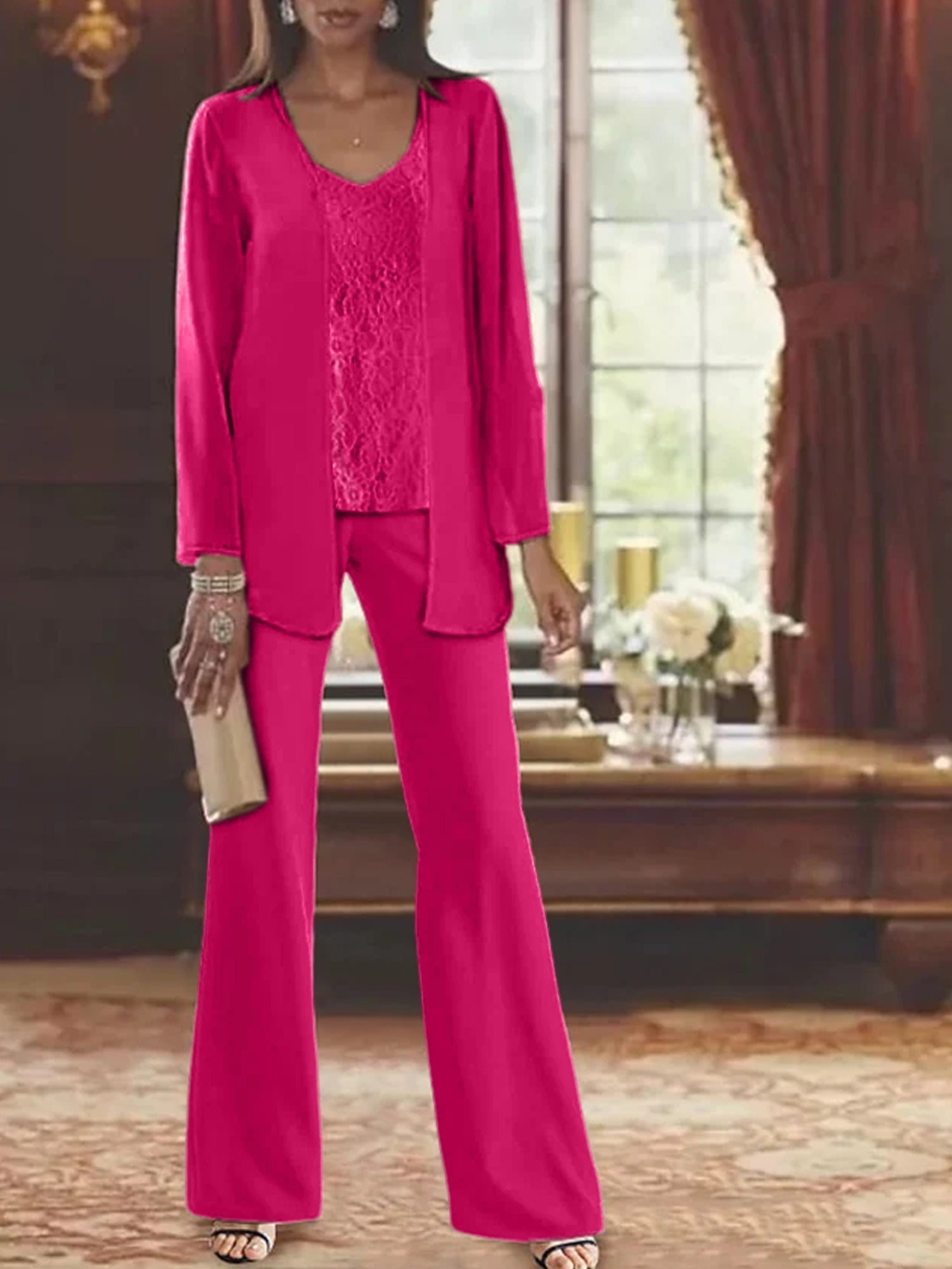 Trajes de pantalón de gasa con chaqueta para madre de la novia