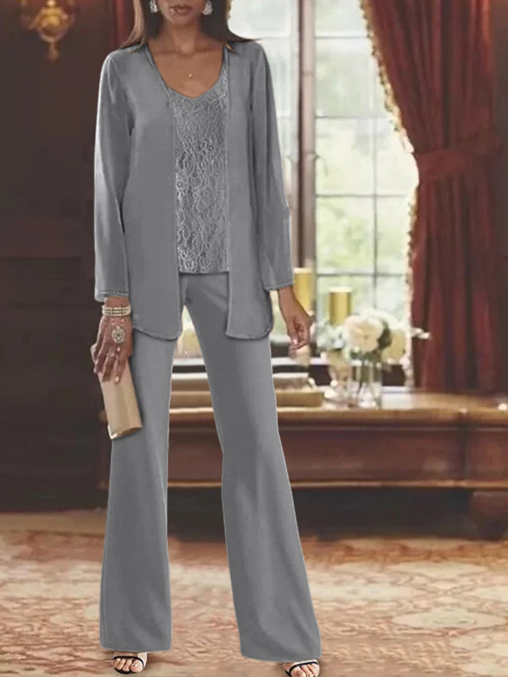 Trajes de pantalón de gasa con chaqueta para madre de la novia