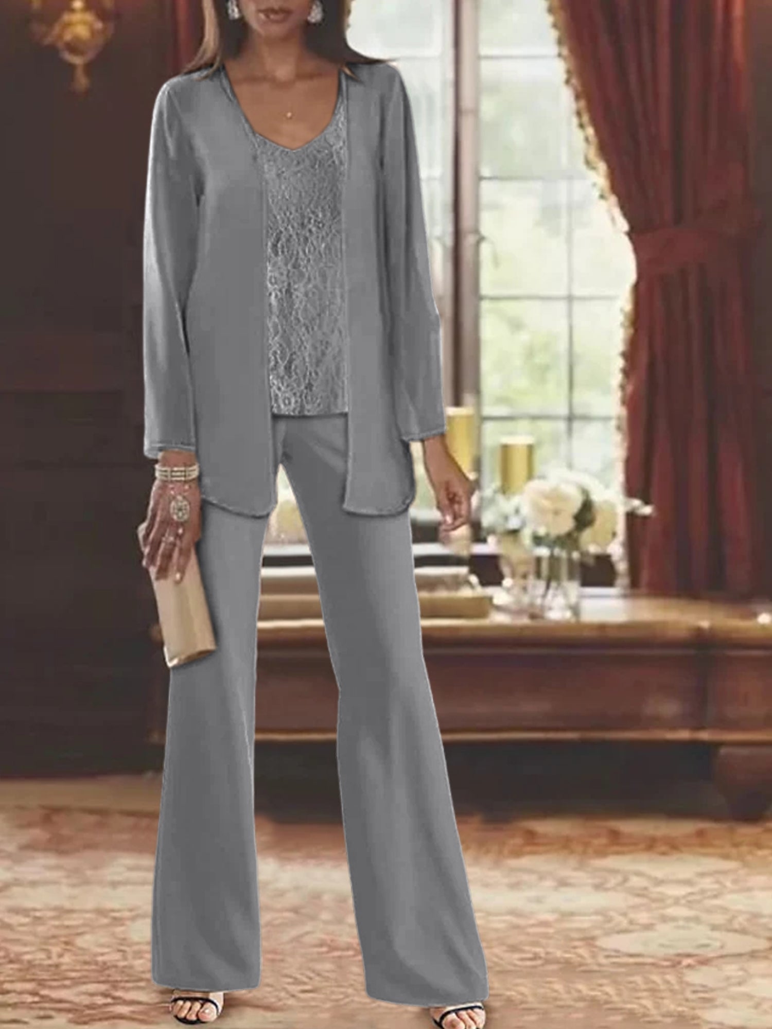 Trajes de pantalón de gasa con chaqueta para madre de la novia