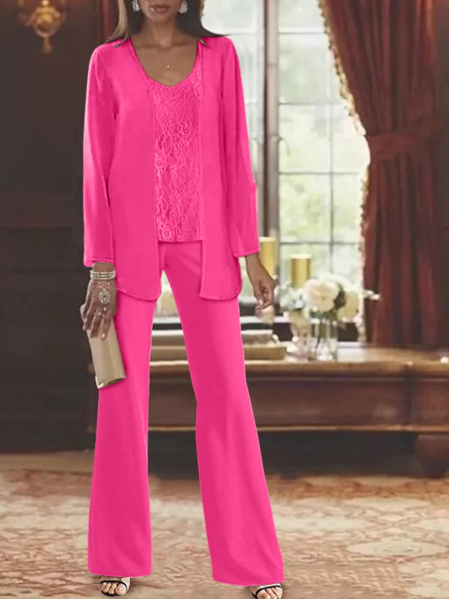Trajes de pantalón de gasa con chaqueta para madre de la novia