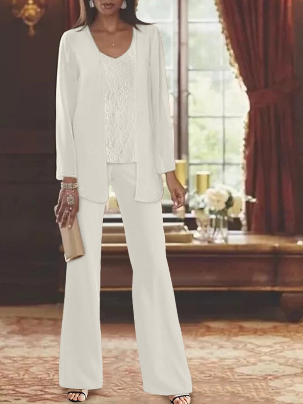 Trajes de pantalón de gasa con chaqueta para madre de la novia