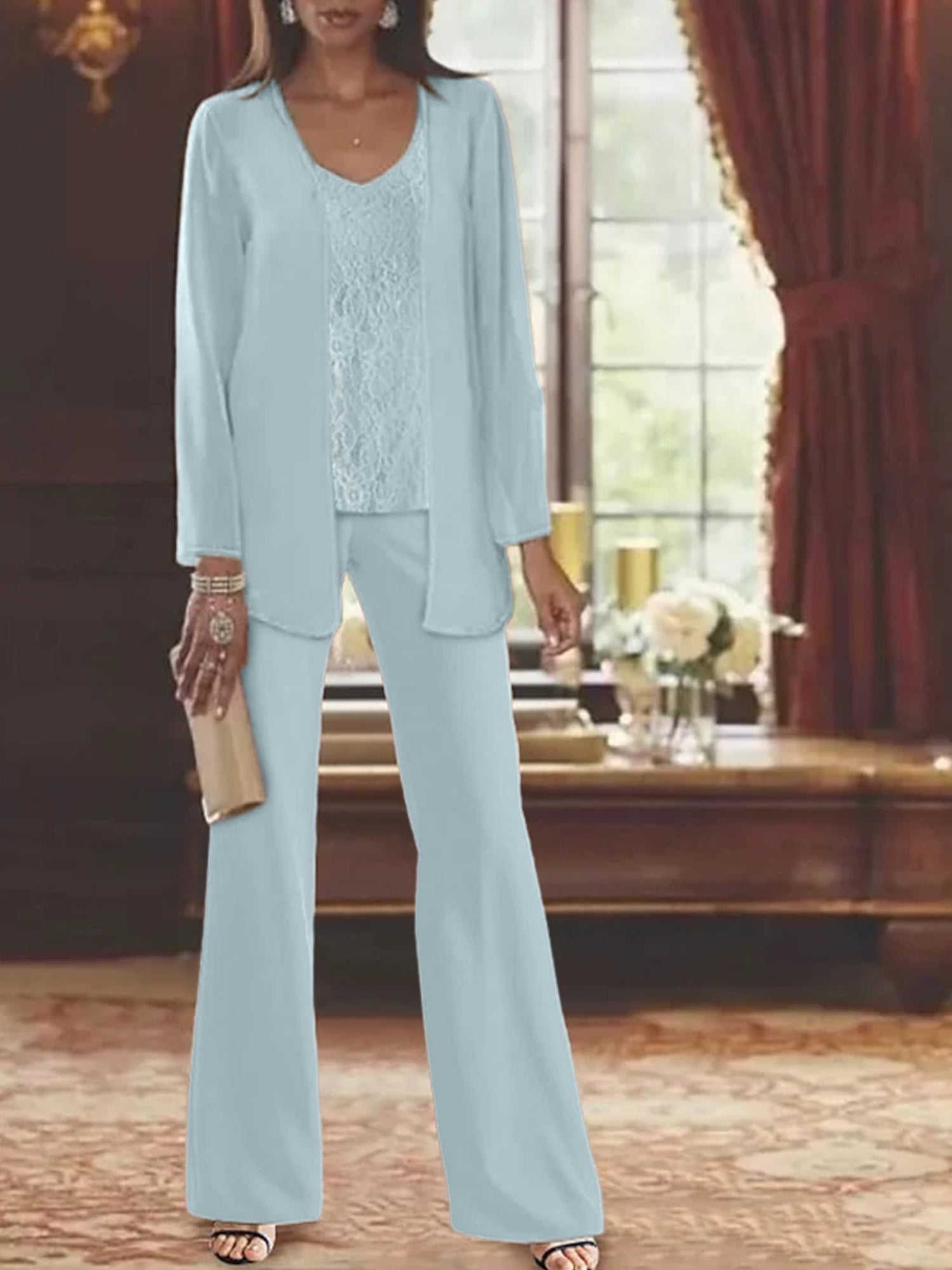 Trajes de pantalón de gasa con chaqueta para madre de la novia
