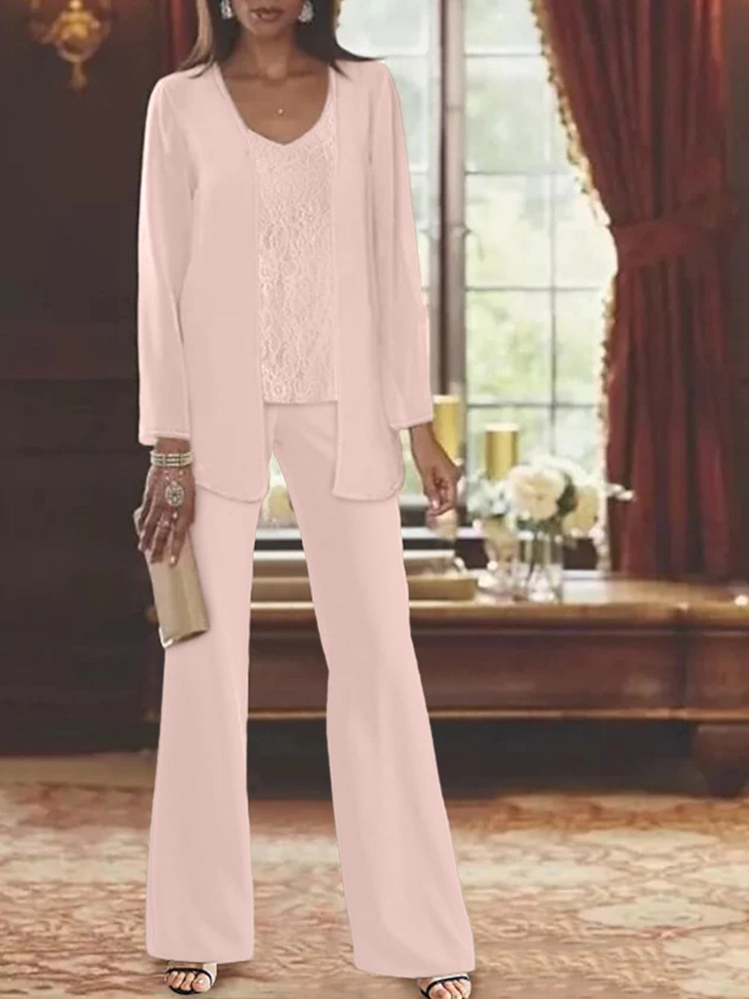 Trajes de pantalón de gasa con chaqueta para madre de la novia