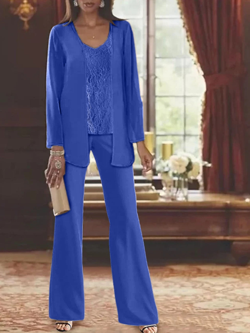 Trajes de pantalón de gasa con chaqueta para madre de la novia