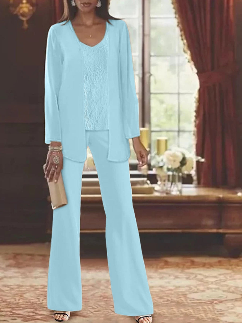 Trajes de pantalón de gasa con chaqueta para madre de la novia