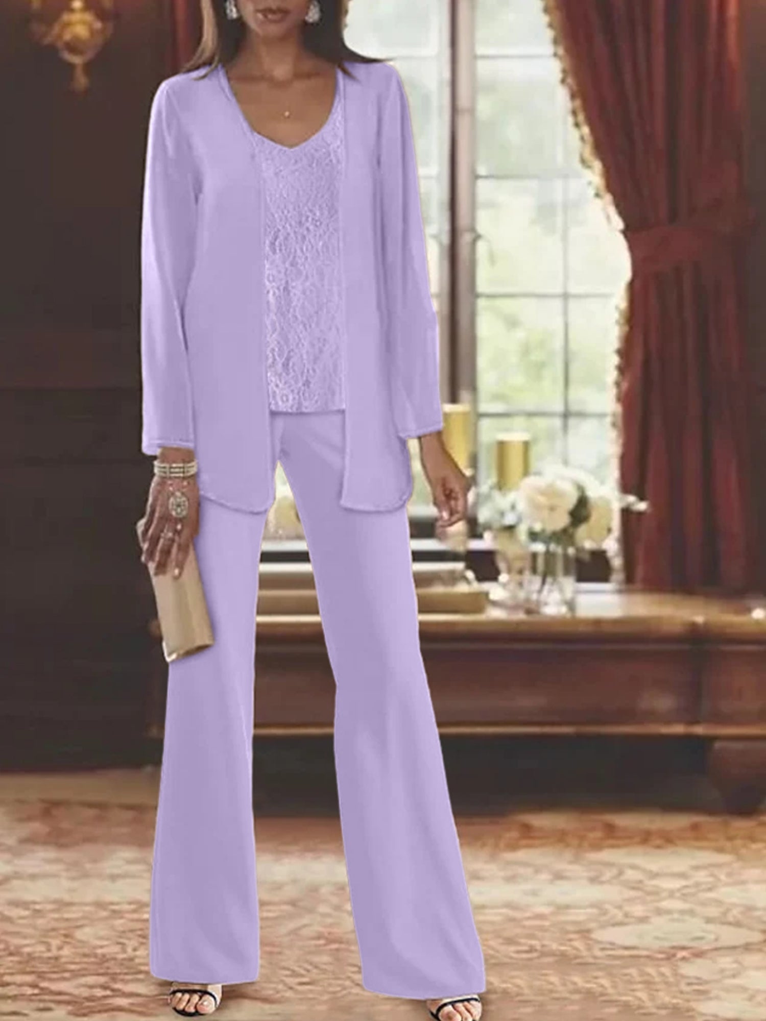 Trajes de pantalón de gasa con chaqueta para madre de la novia