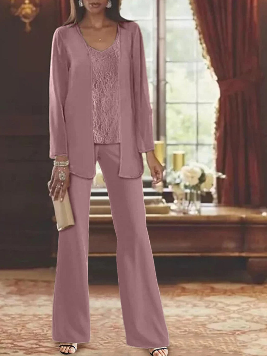 Trajes de pantalón de gasa con chaqueta para madre de la novia