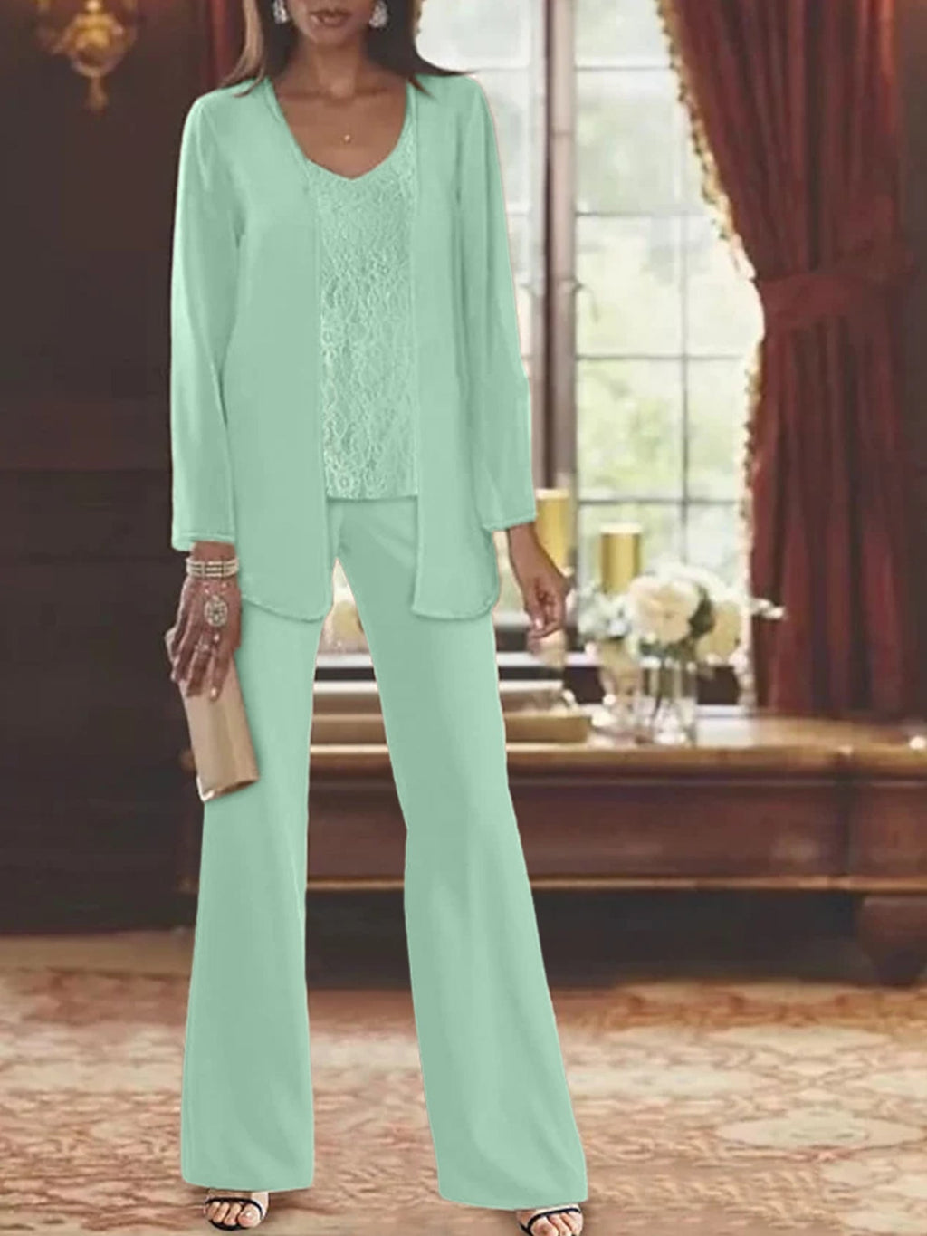 Trajes de pantalón de gasa con chaqueta para madre de la novia