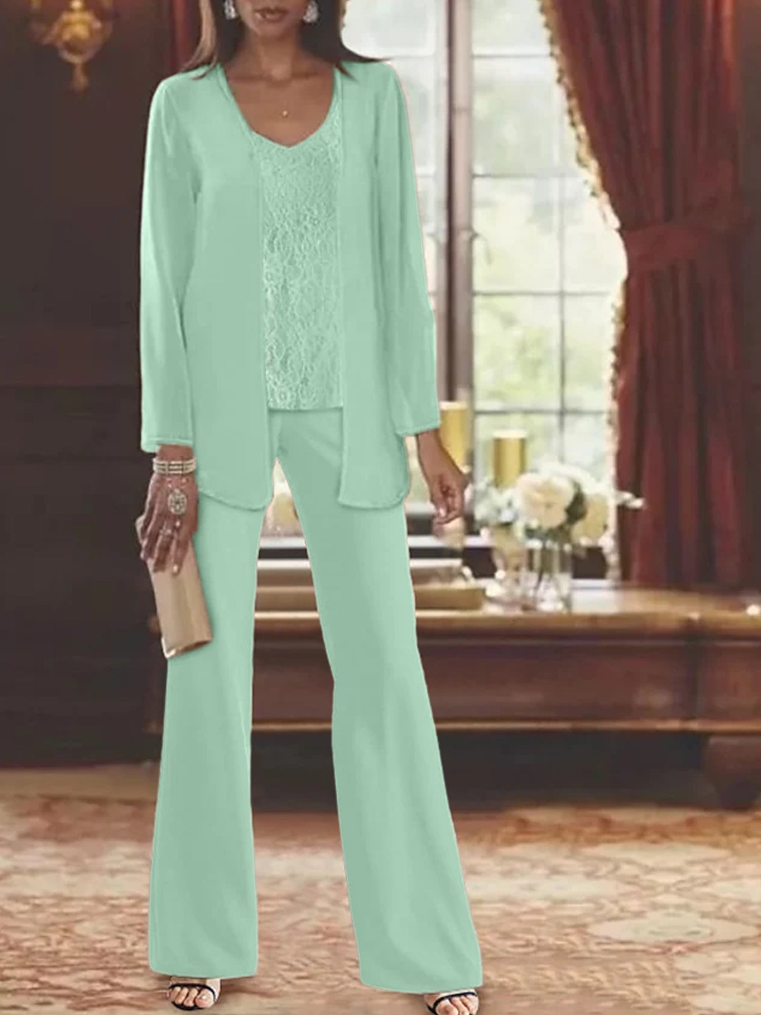 Trajes de pantalón de gasa con chaqueta para madre de la novia