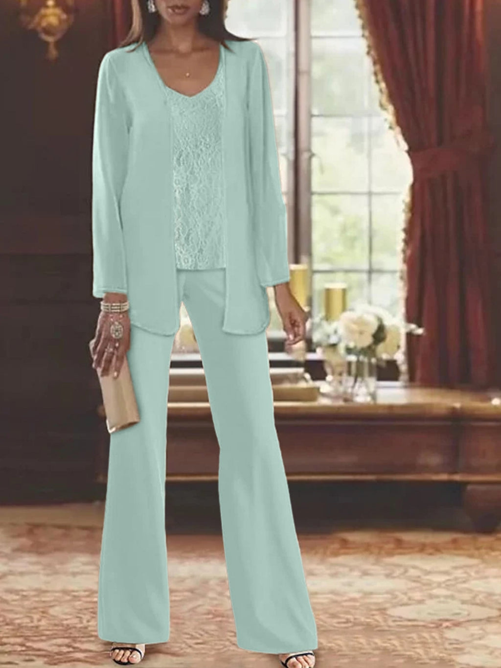 Trajes de pantalón de gasa con chaqueta para madre de la novia