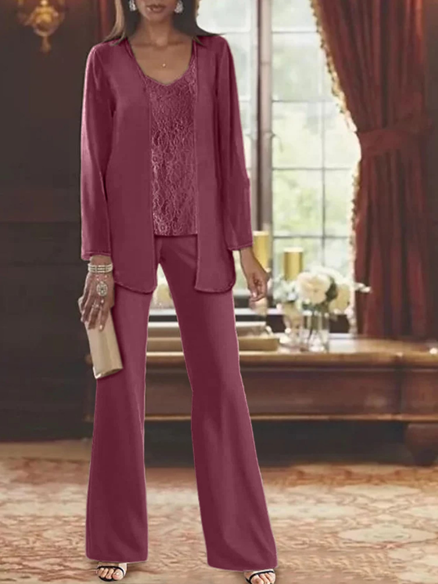 Trajes de pantalón de gasa con chaqueta para madre de la novia