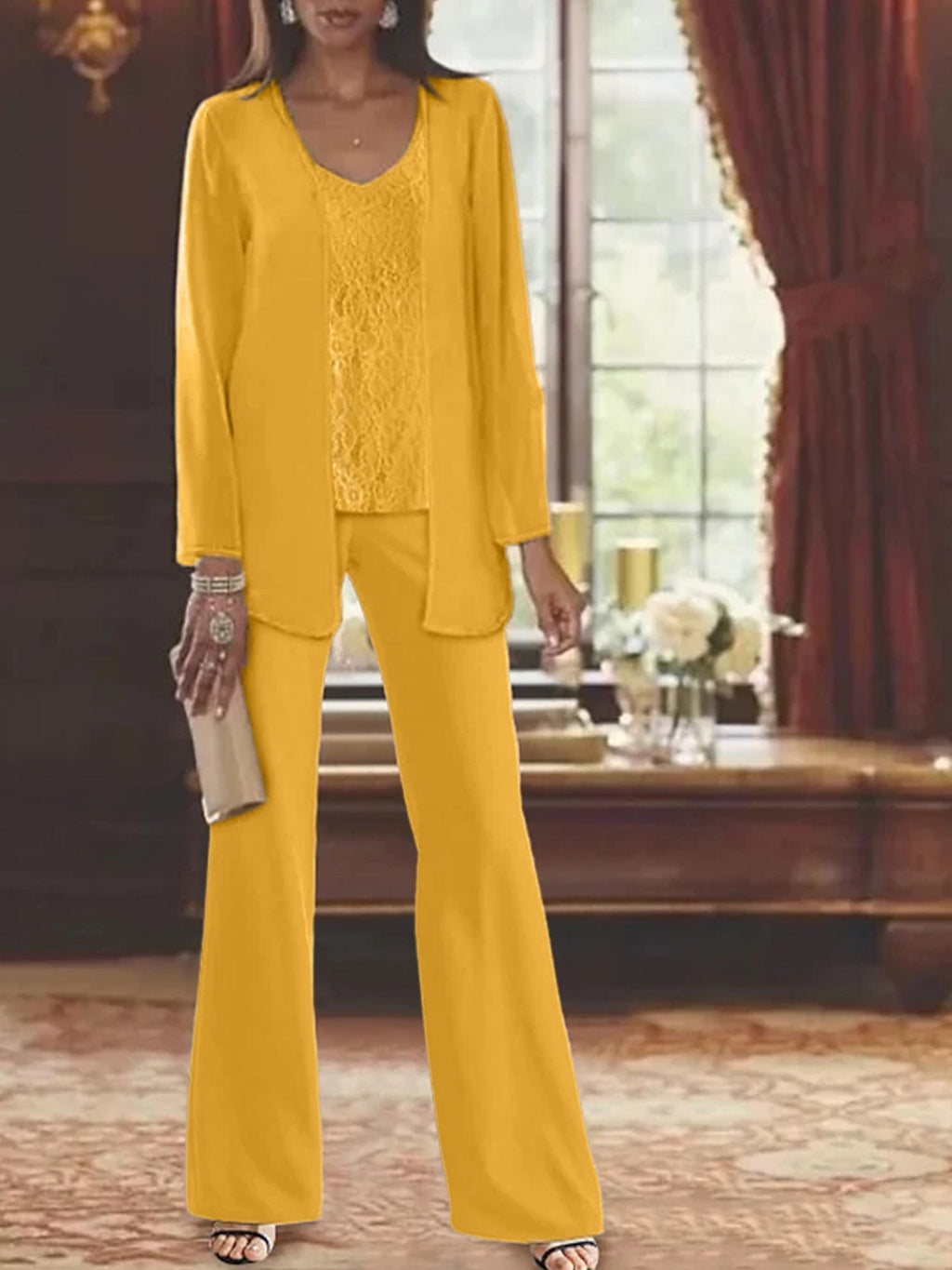 Trajes de pantalón de gasa con chaqueta para madre de la novia