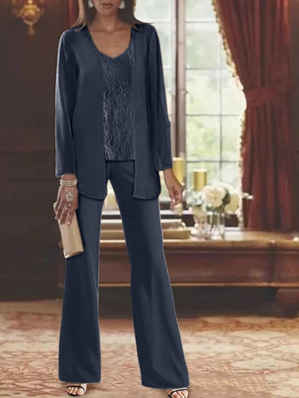 Trajes de pantalón de gasa con chaqueta para madre de la novia