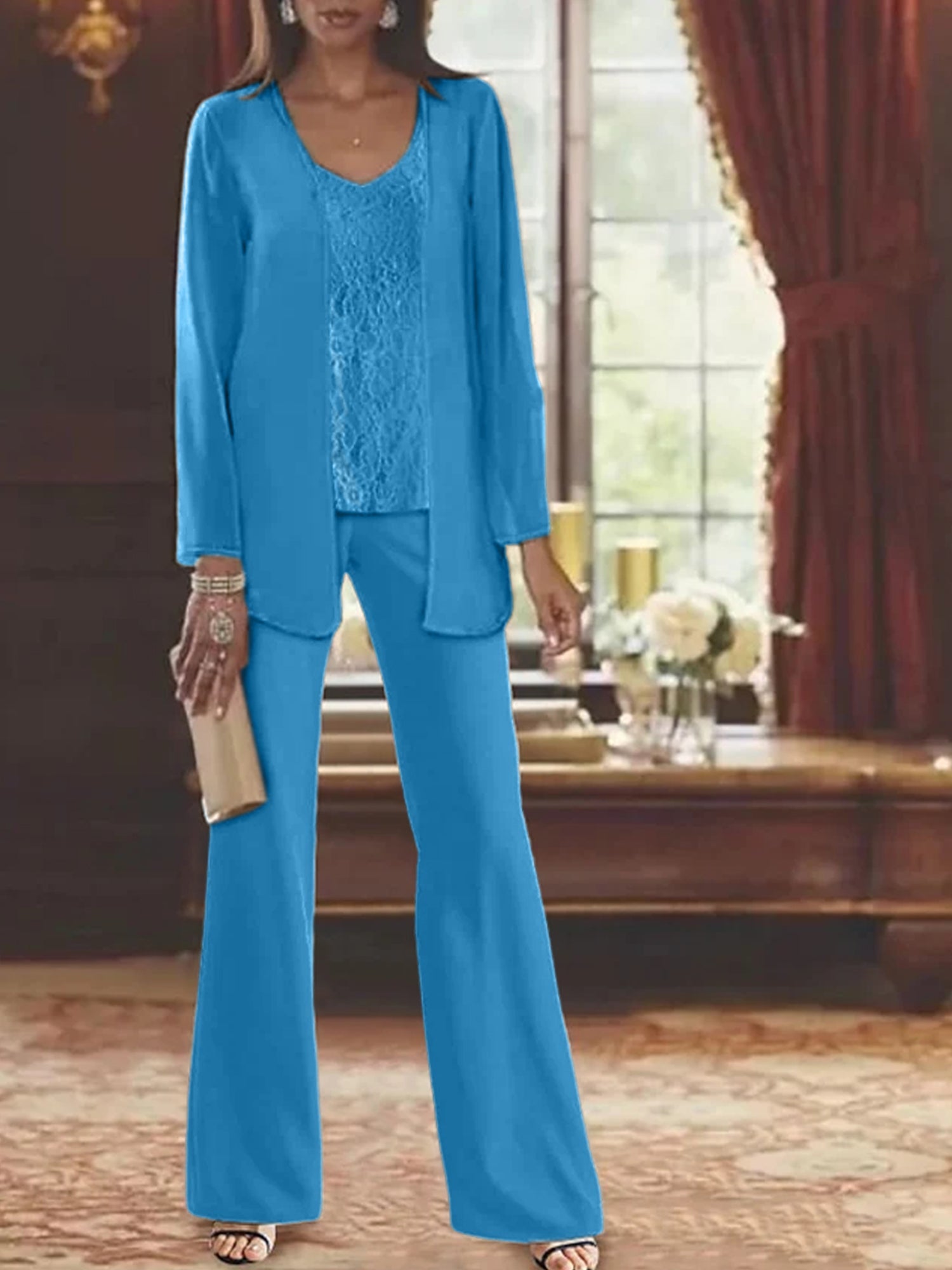 Trajes de pantalón de gasa con chaqueta para madre de la novia
