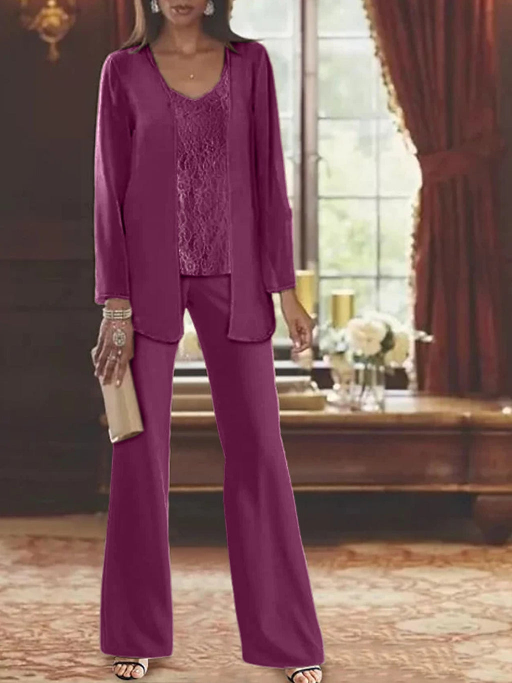 Trajes de pantalón de gasa con chaqueta para madre de la novia