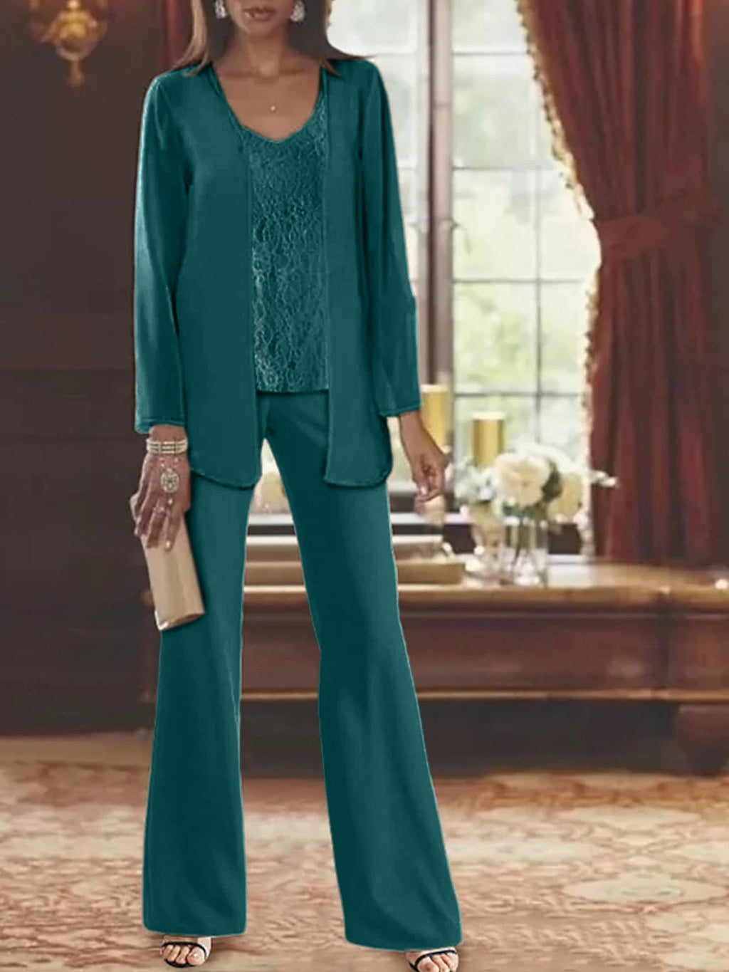 Trajes de pantalón de gasa con chaqueta para madre de la novia