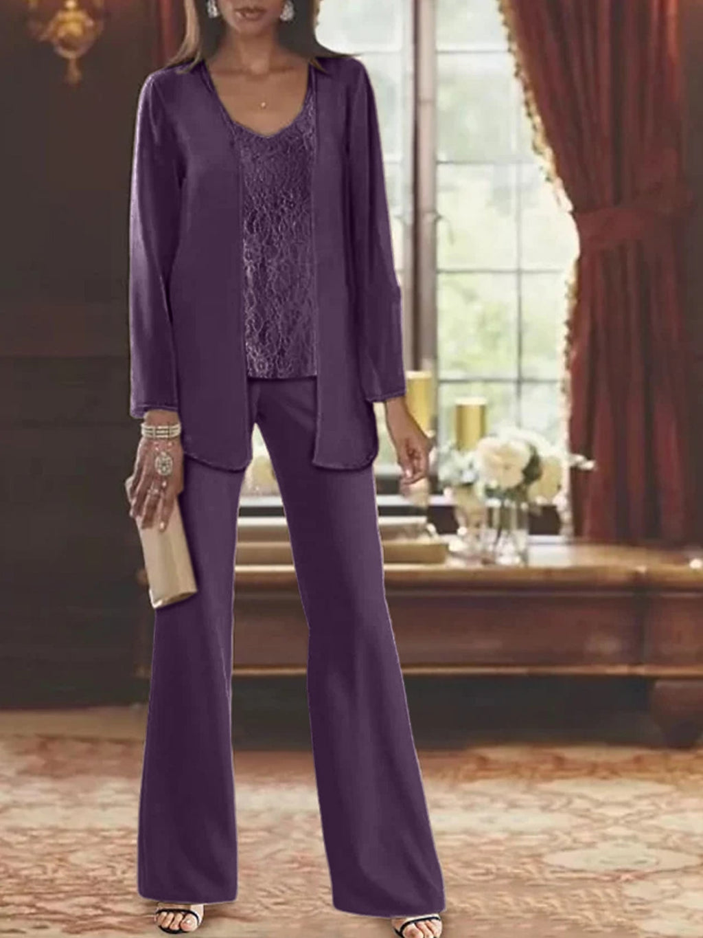 Trajes de pantalón de gasa con chaqueta para madre de la novia