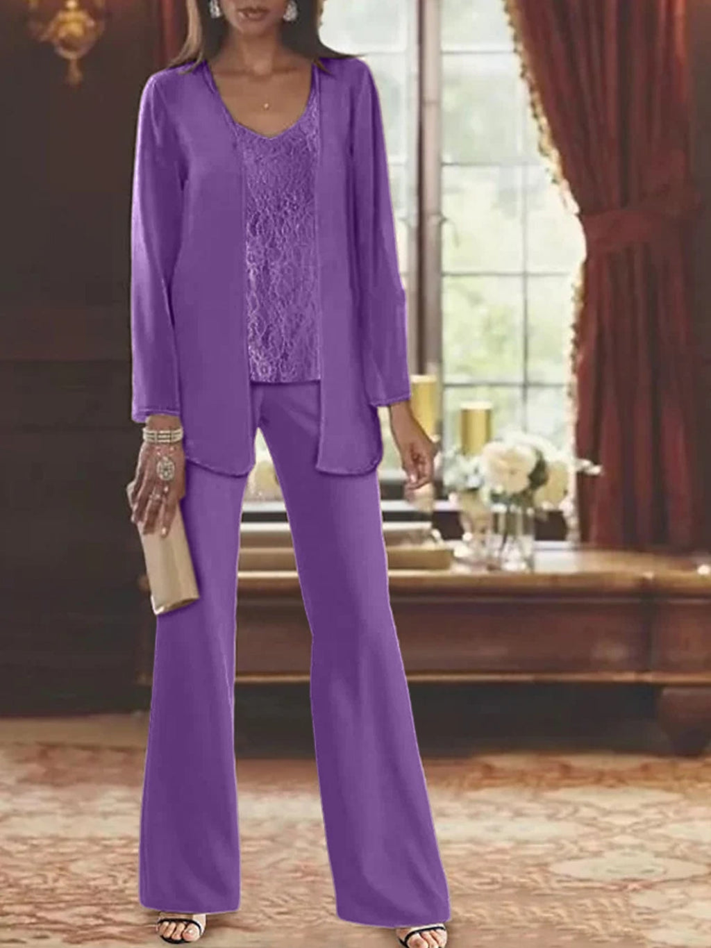 Trajes de pantalón de gasa con chaqueta para madre de la novia