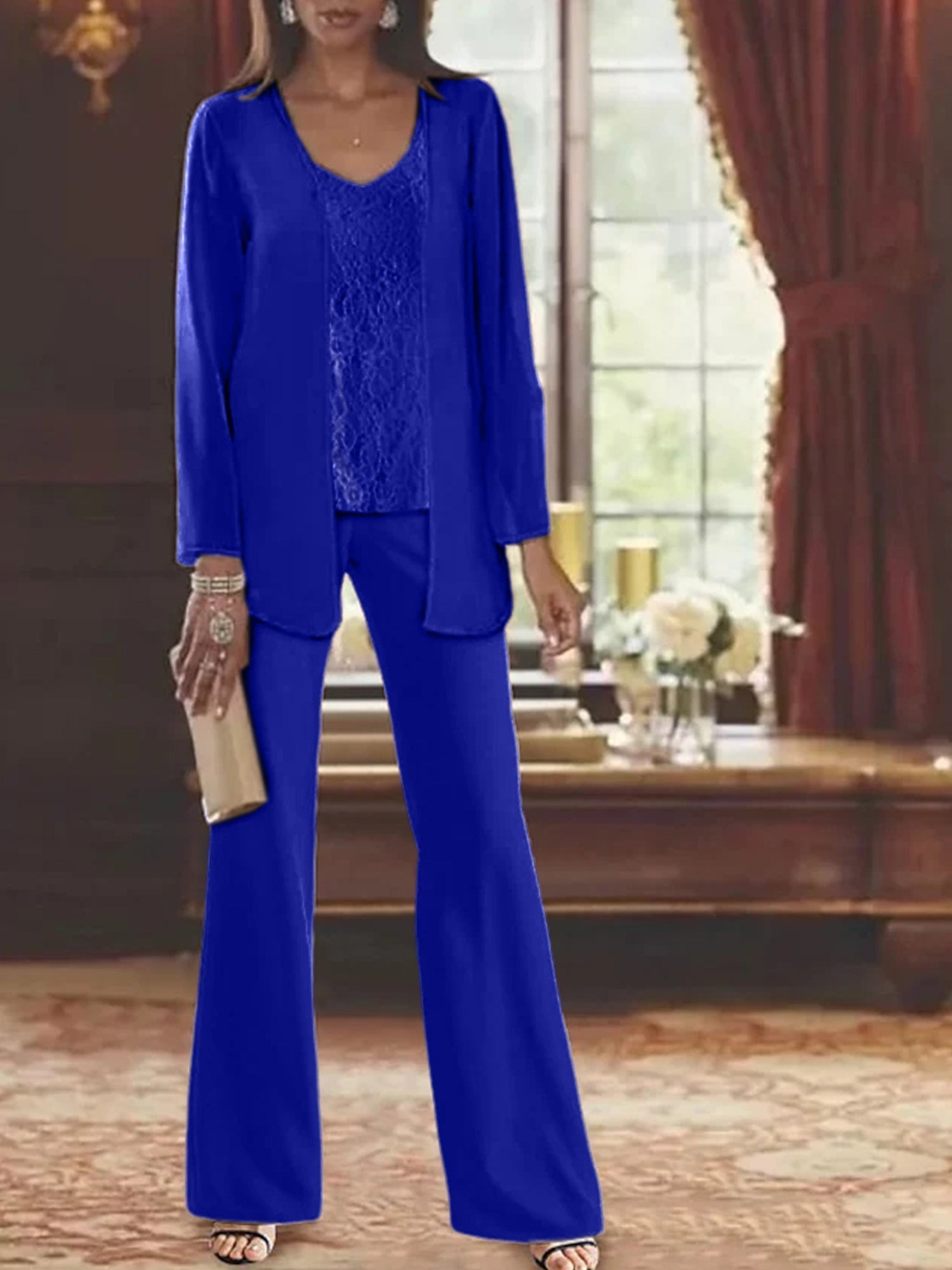 Trajes de pantalón de gasa con chaqueta para madre de la novia