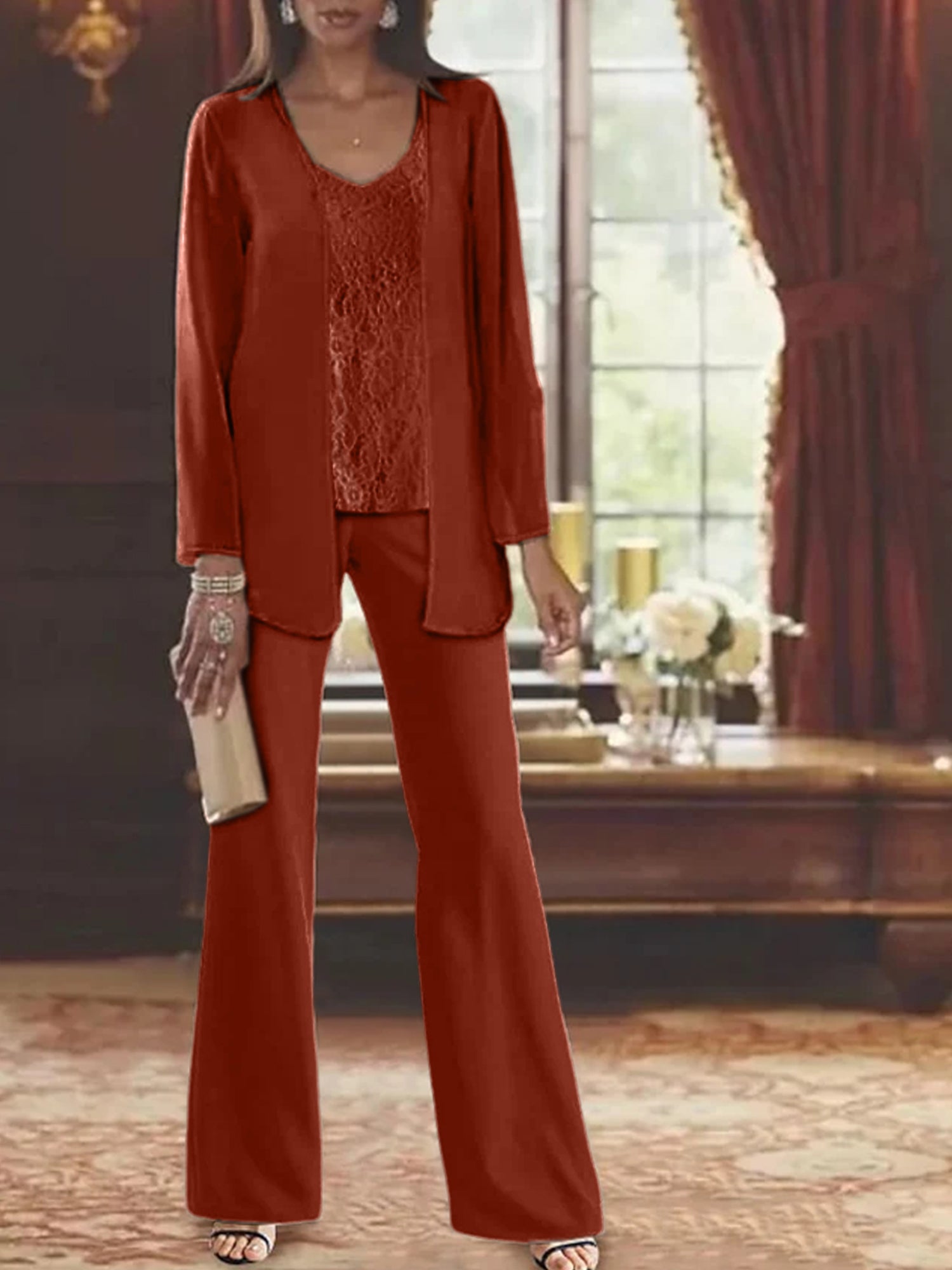 Trajes de pantalón de gasa con chaqueta para madre de la novia