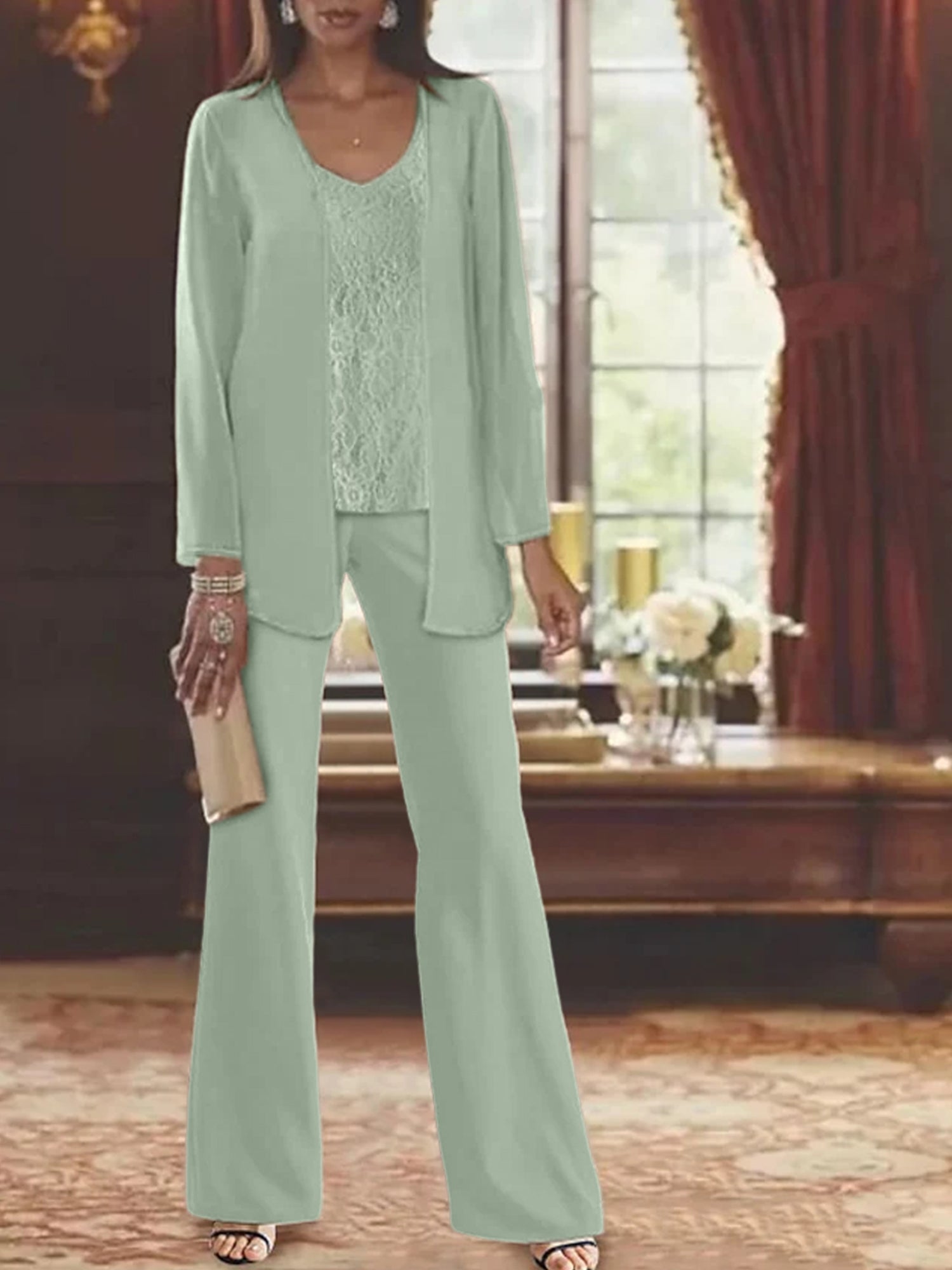 Trajes de pantalón de gasa con chaqueta para madre de la novia
