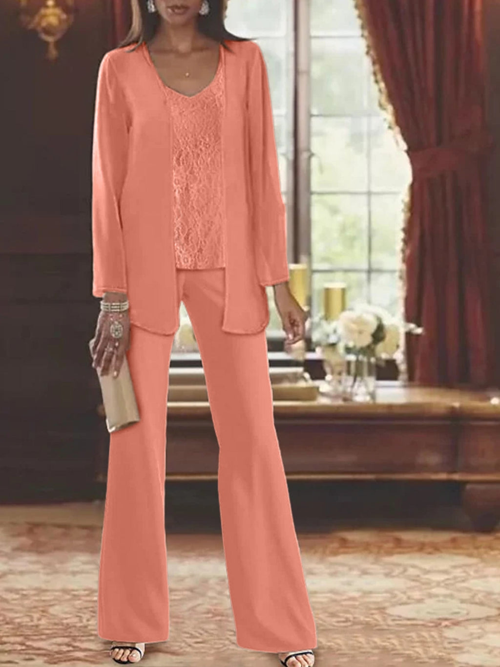 Trajes de pantalón de gasa con chaqueta para madre de la novia