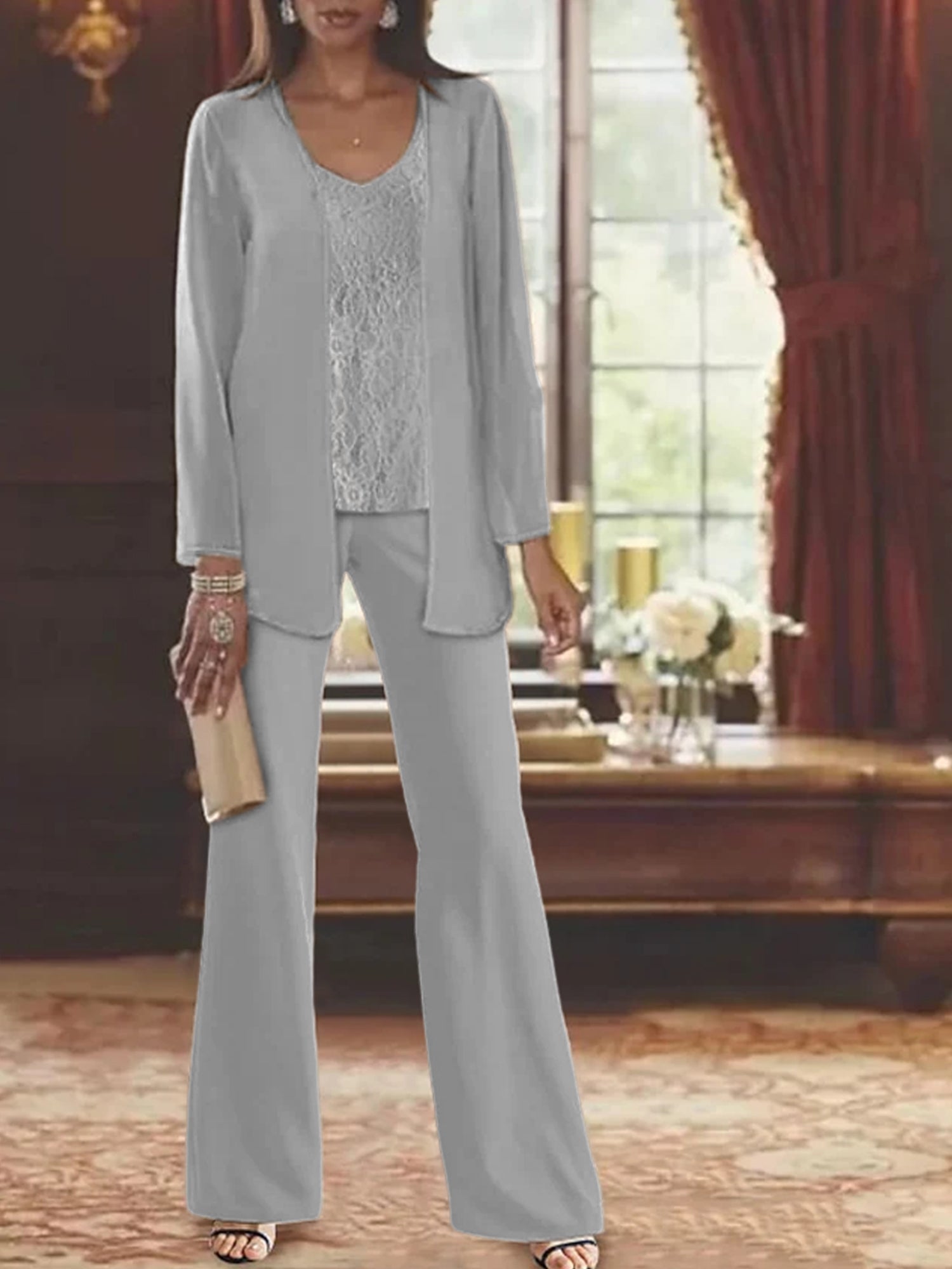 Trajes de pantalón de gasa con chaqueta para madre de la novia