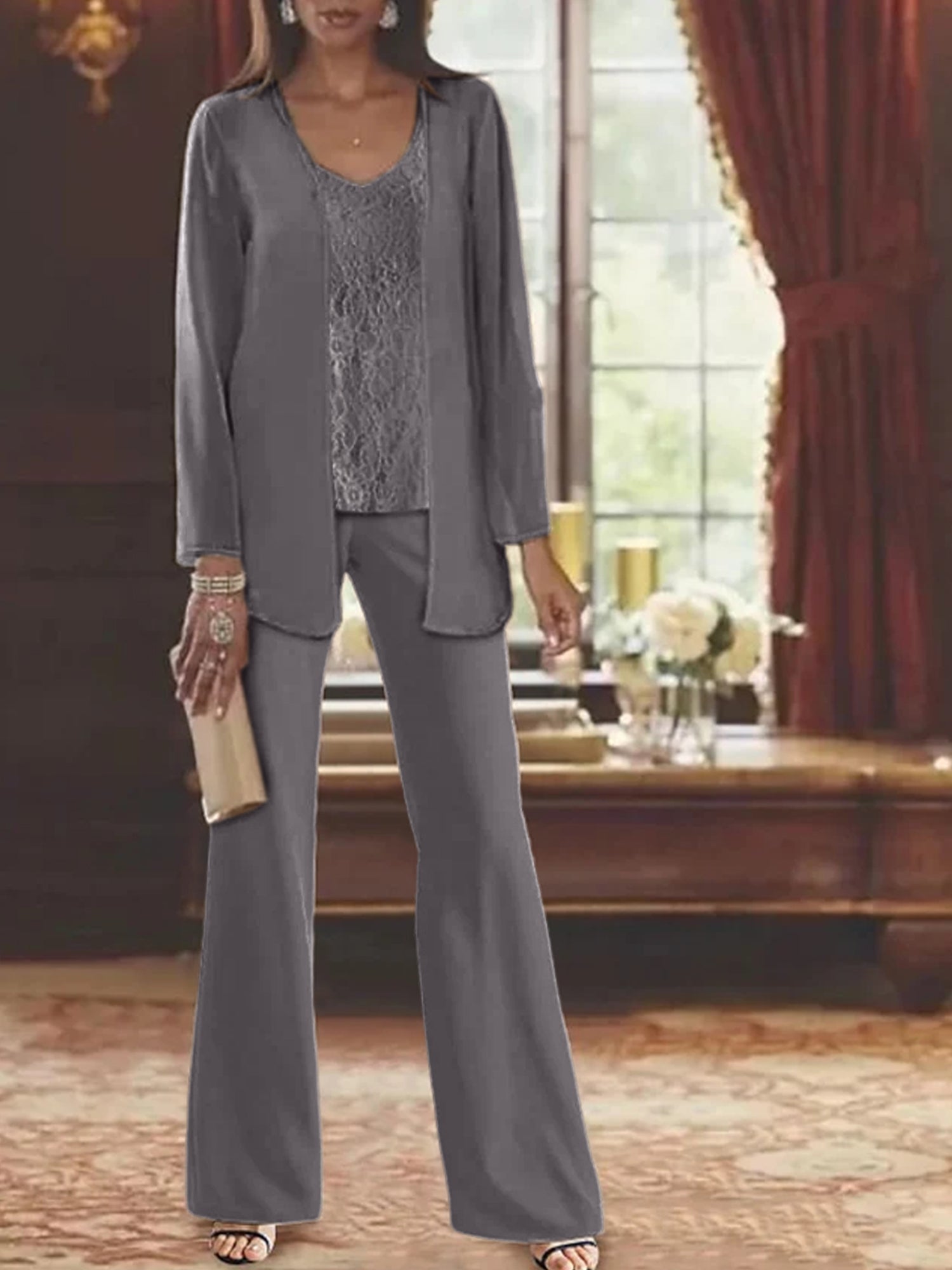 Trajes de pantalón de gasa con chaqueta para madre de la novia