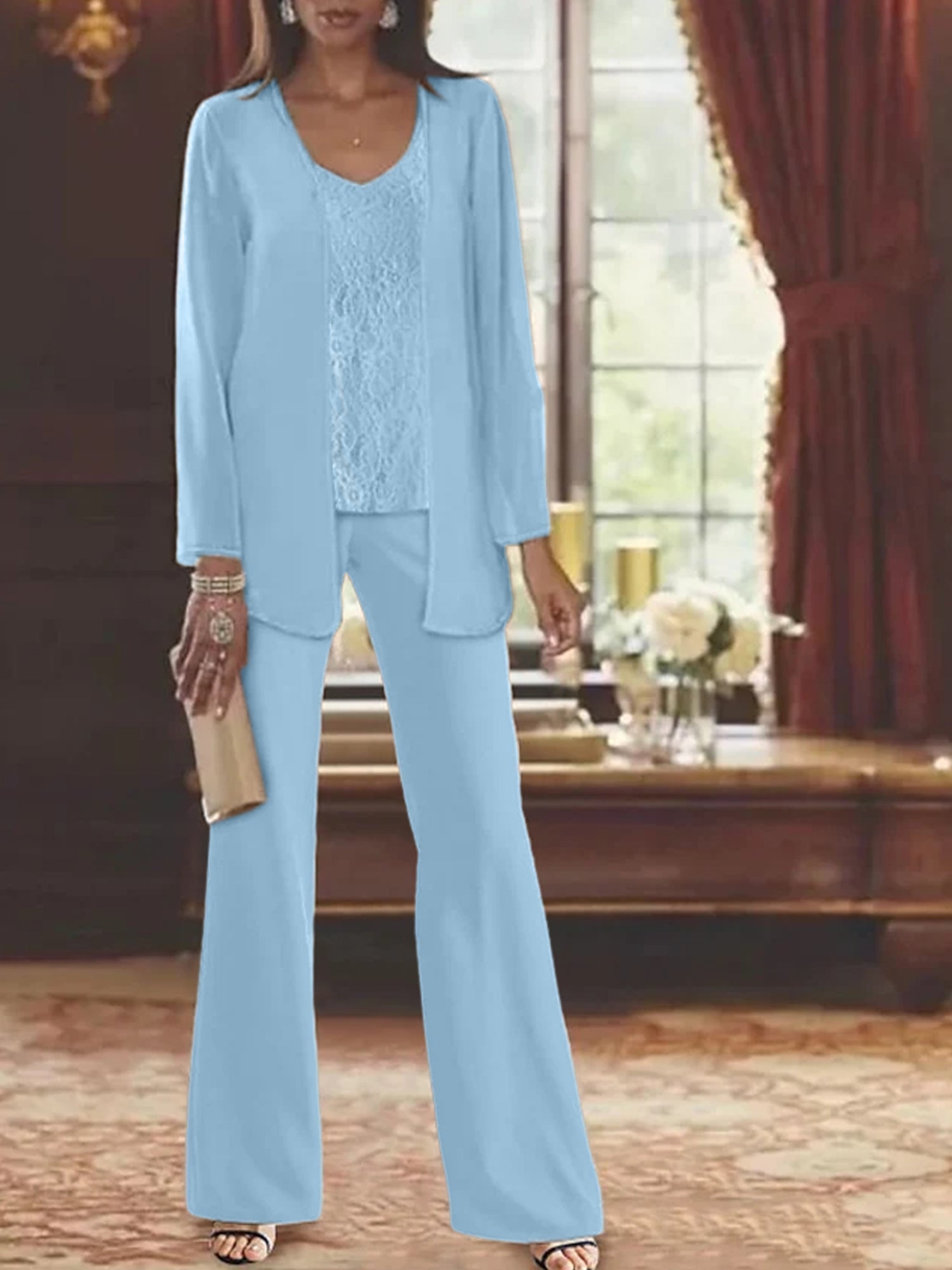 Trajes de pantalón de gasa con chaqueta para madre de la novia