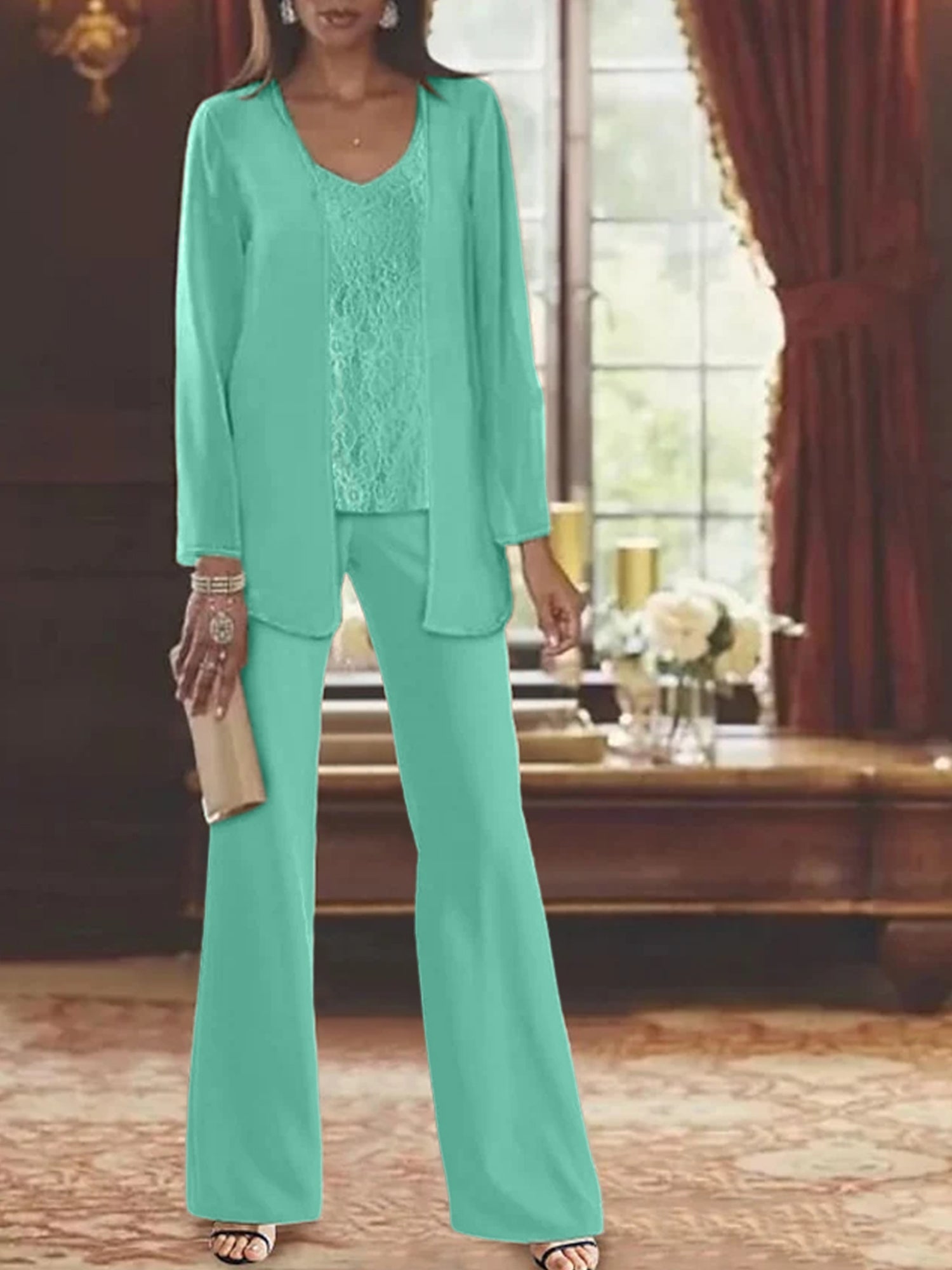Trajes de pantalón de gasa con chaqueta para madre de la novia