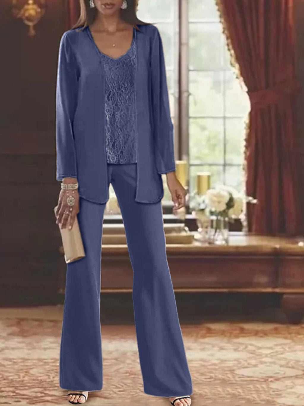 Trajes de pantalón de gasa con chaqueta para madre de la novia