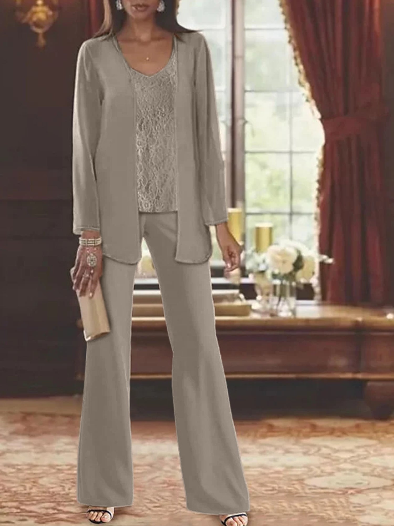 Trajes de pantalón de gasa con chaqueta para madre de la novia