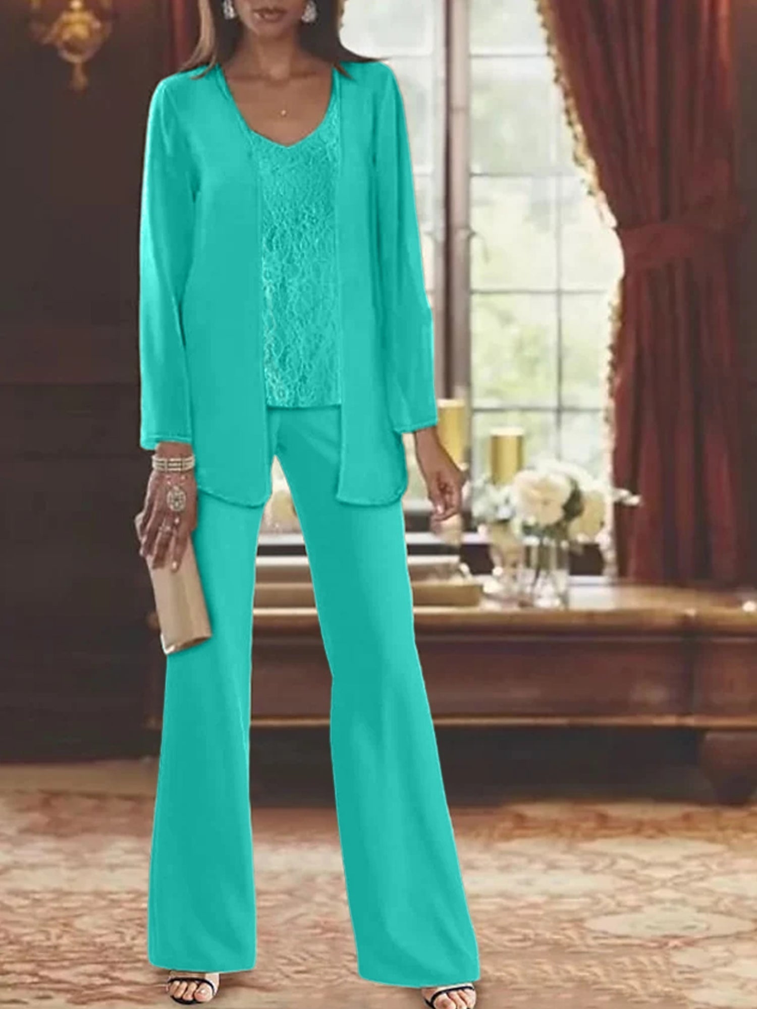 Trajes de pantalón de gasa con chaqueta para madre de la novia
