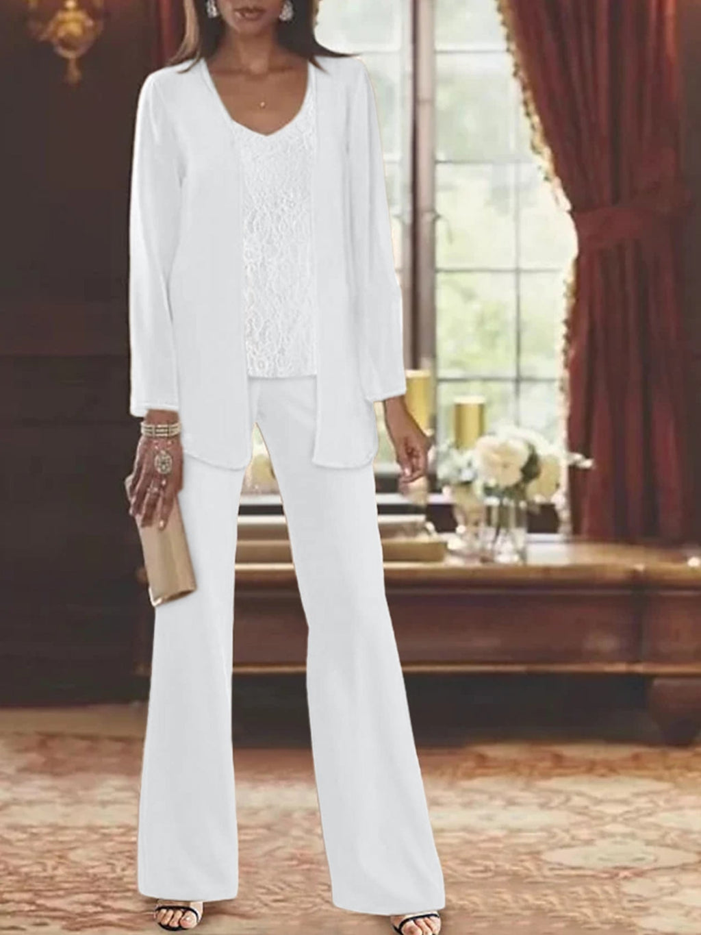 Trajes de pantalón de gasa con chaqueta para madre de la novia