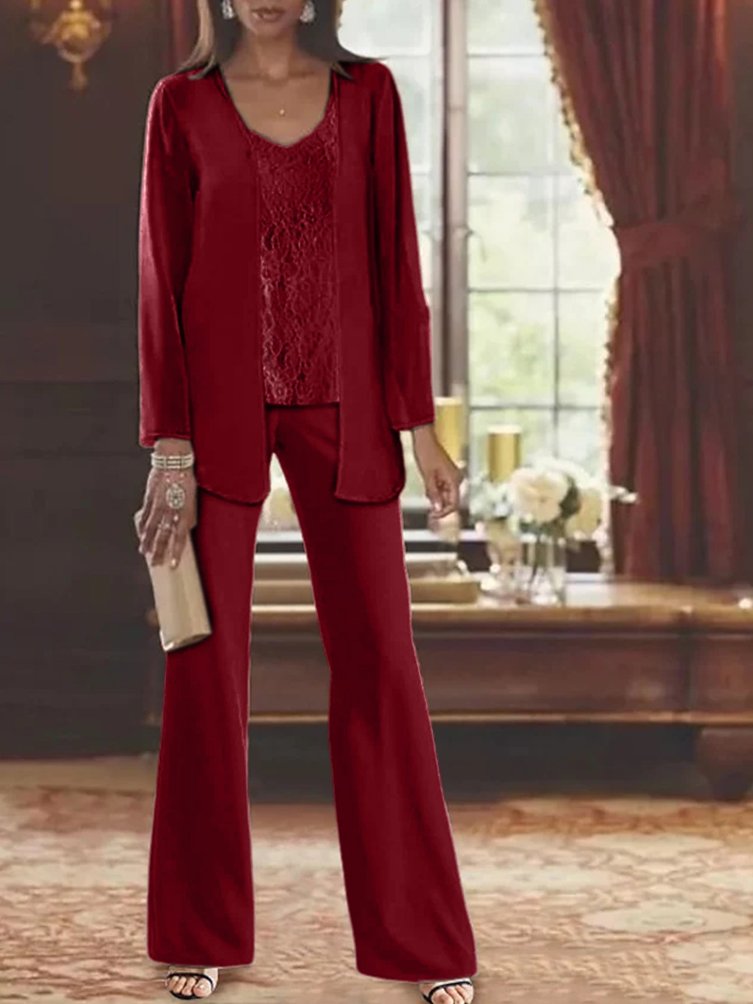 Trajes de pantalón de gasa con chaqueta para madre de la novia