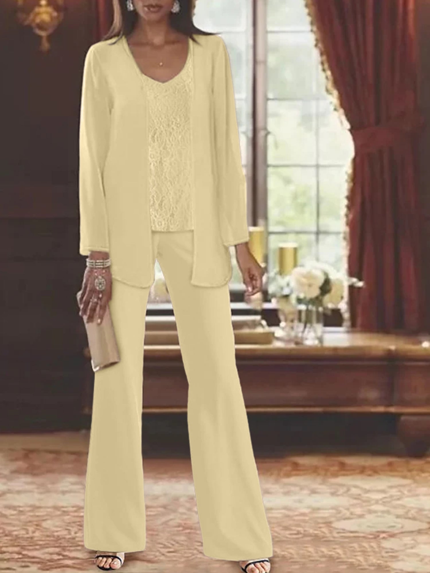 Trajes de pantalón de gasa con chaqueta para madre de la novia