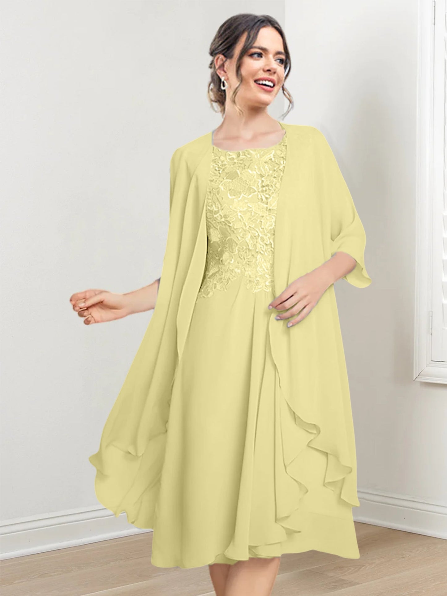 Vestidos de madre de la novia de corte A/princesa con escote redondo y largo hasta la rodilla
